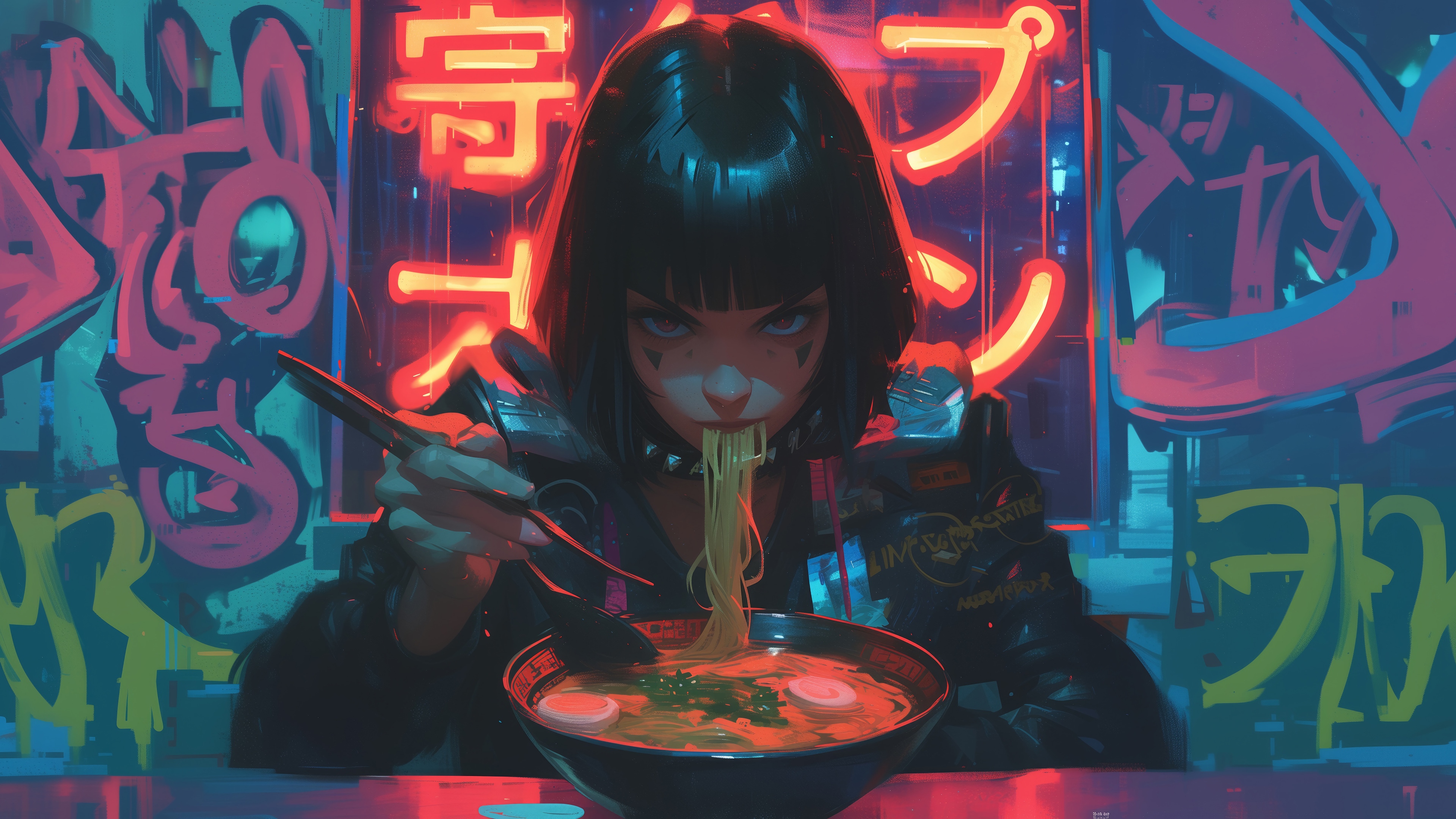 Anime Girl Eating Ramen in Front of Graffiti HD Wallpaper