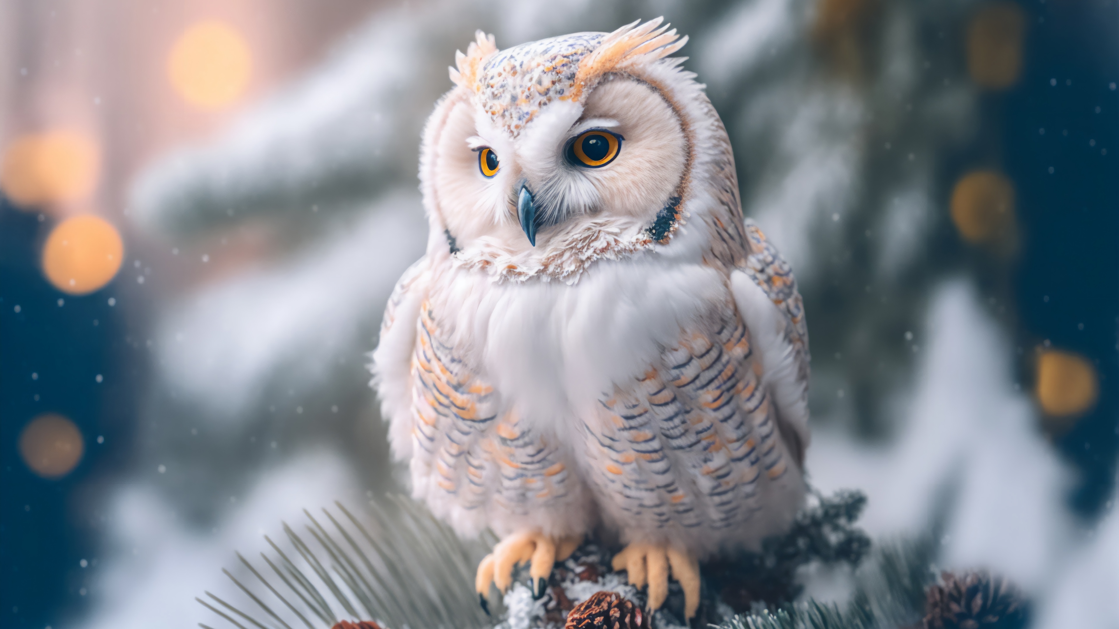 4K Owl perched on a snowy pine branch HD Wallpaper
