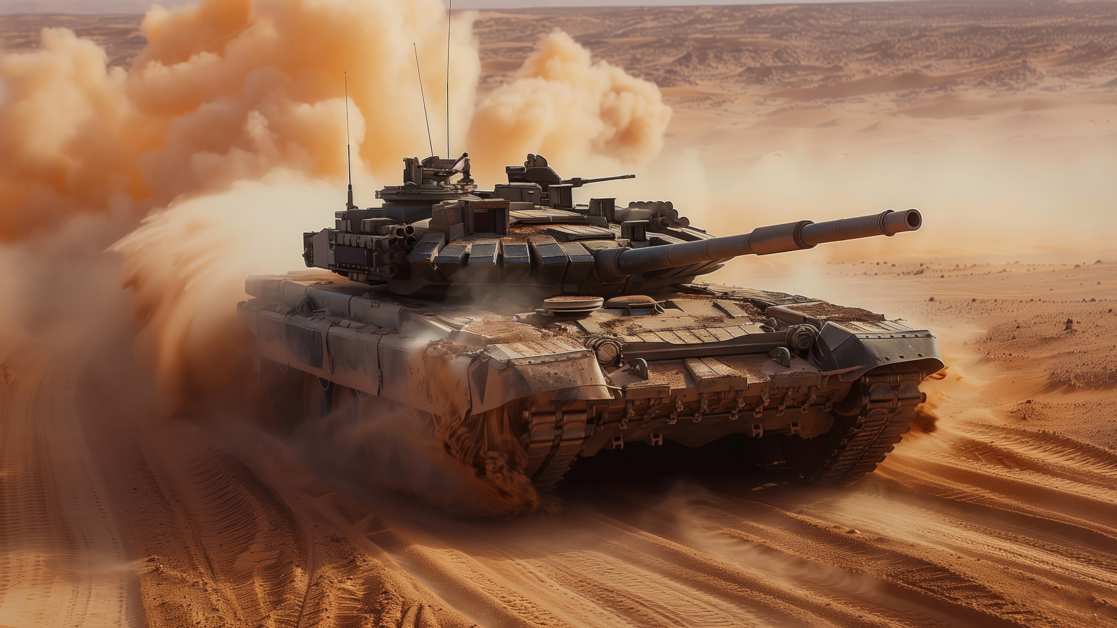Tank driving through desert kicking up dust 4K HD Wallpaper