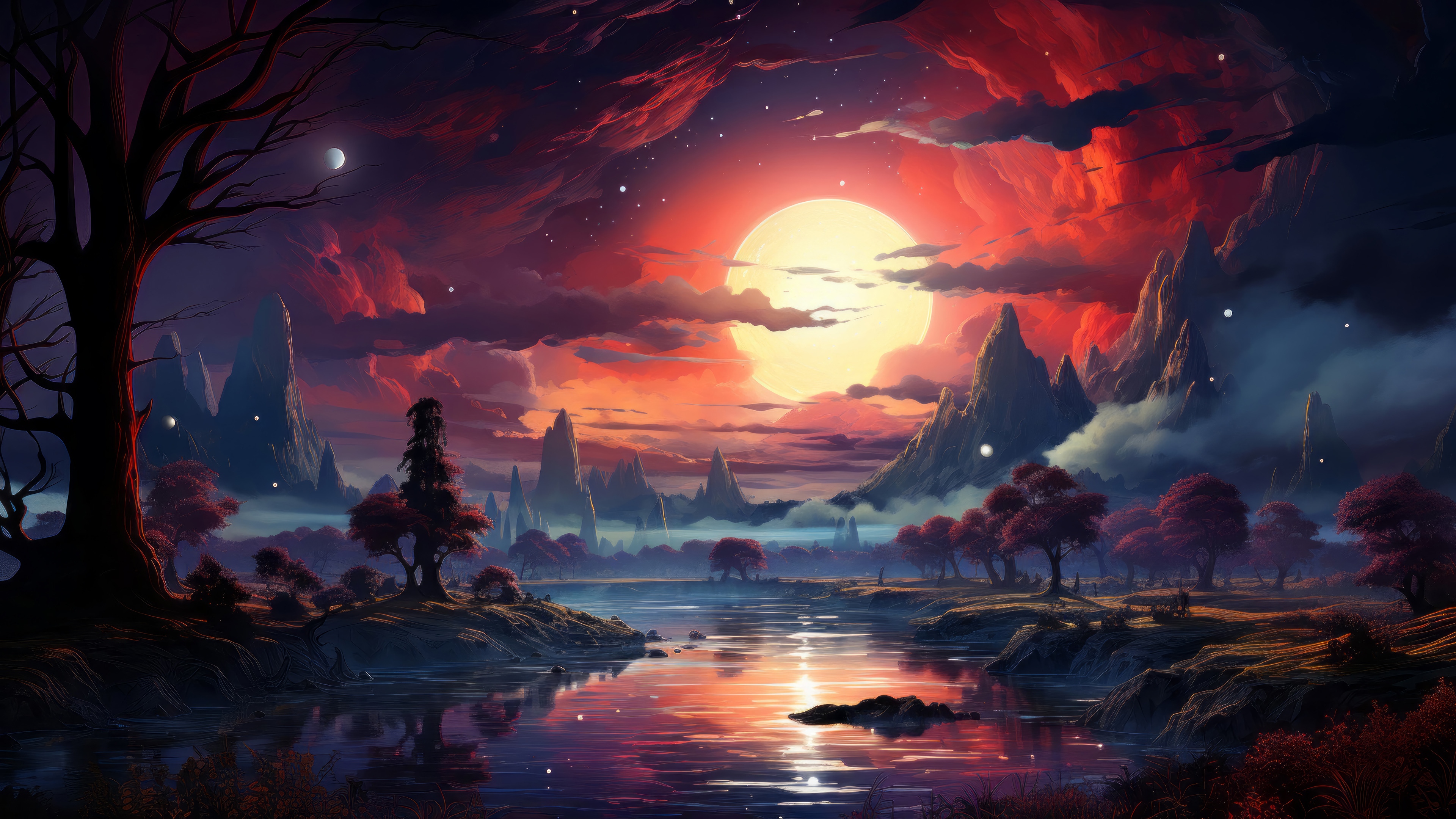 Fantasy Sunset over a River with Mountains HD Wallpaper