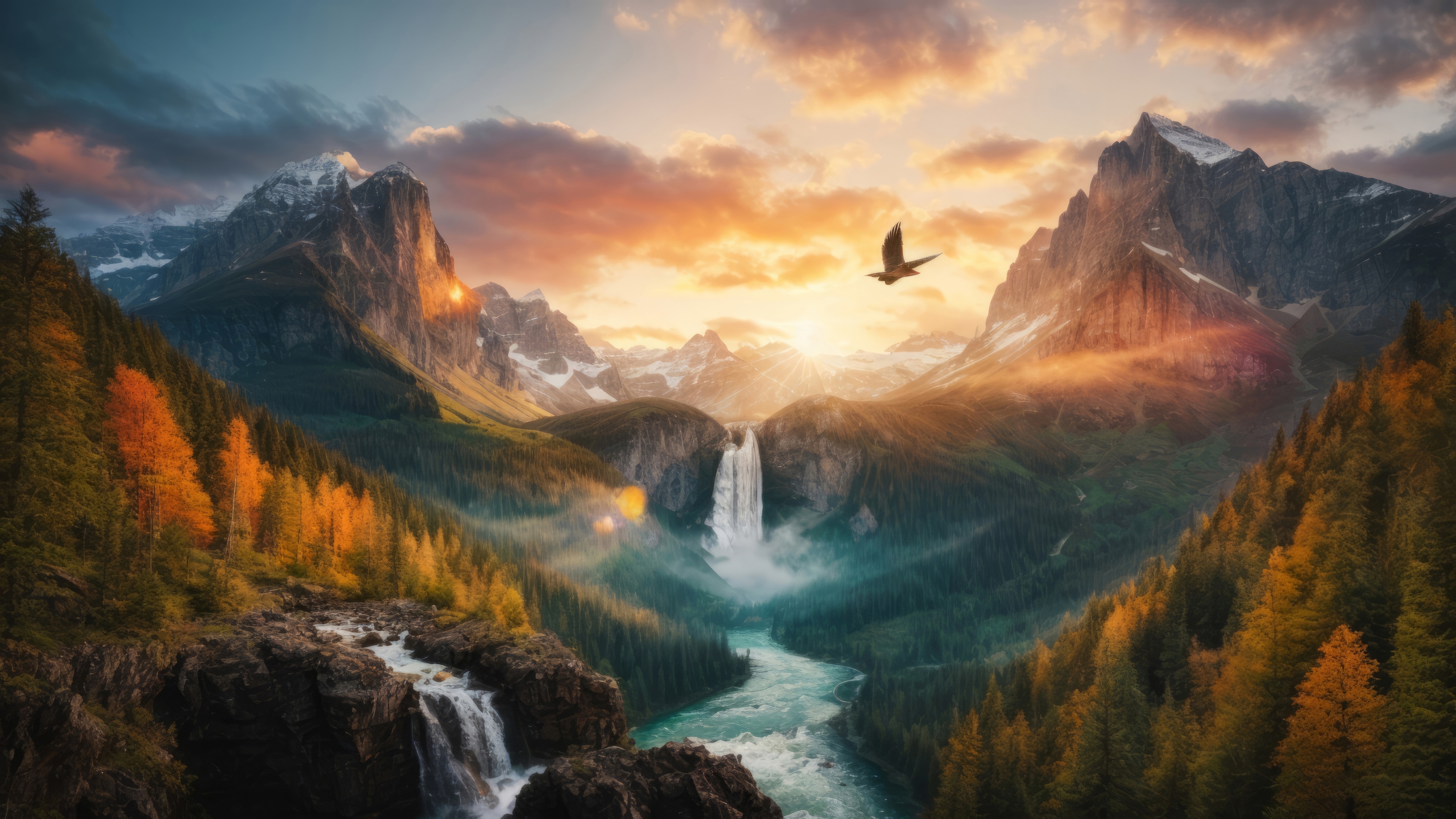 Sunrise over a mountain valley with a waterfall and forest HD Wallpaper