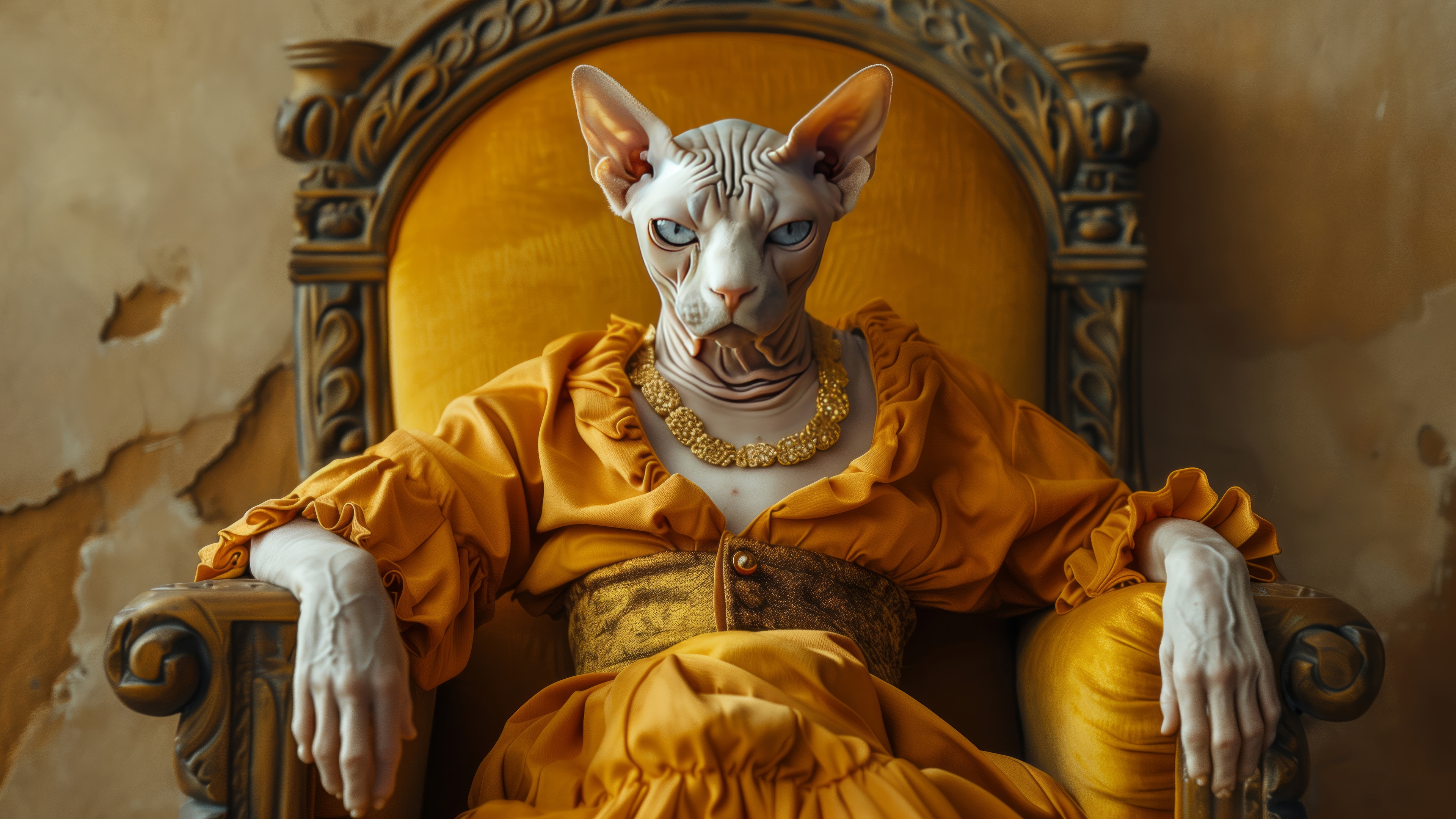 Sphynx cat in a regal yellow dress on a throne HD Wallpaper