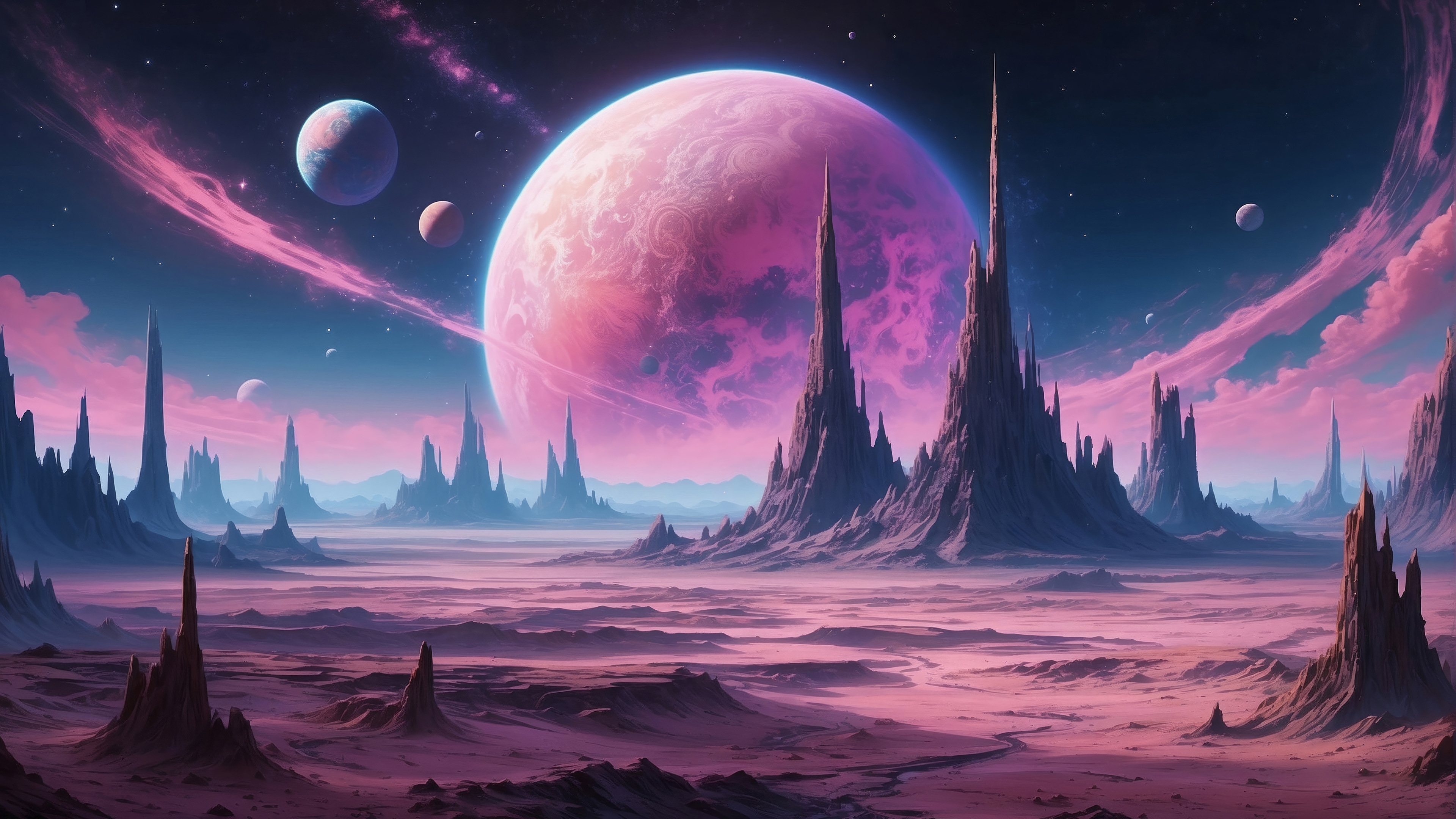 Alien Planet Landscape with Large Pink Planet HD Wallpaper