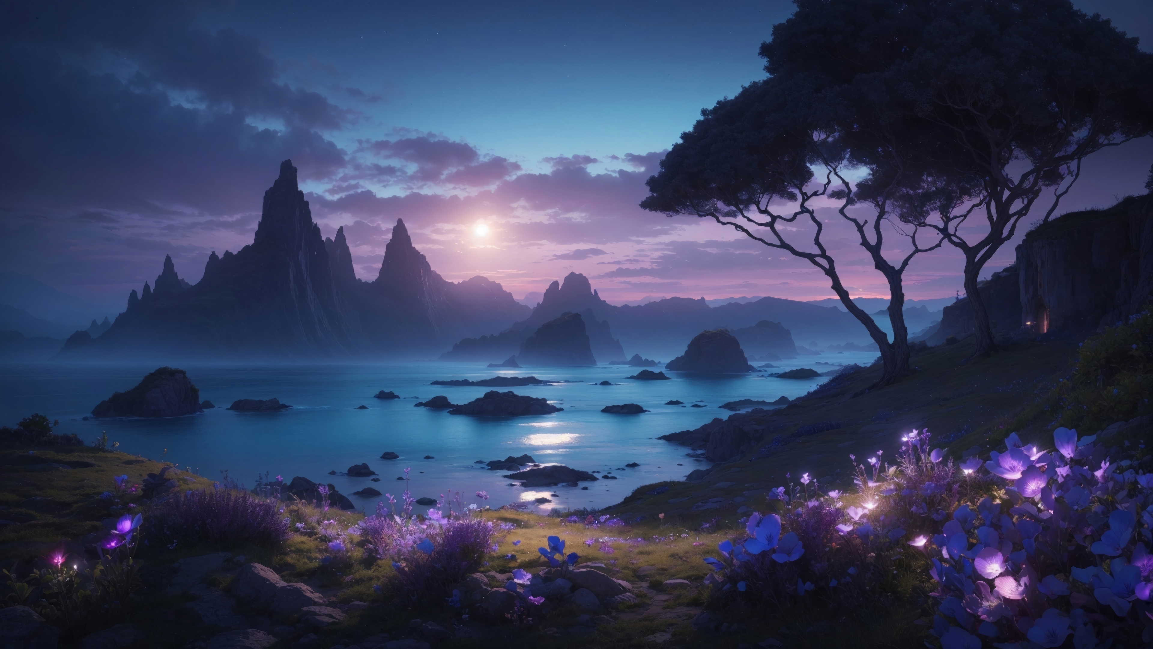 Mountain Sea Scenery with Flowers 4K HD Wallpaper