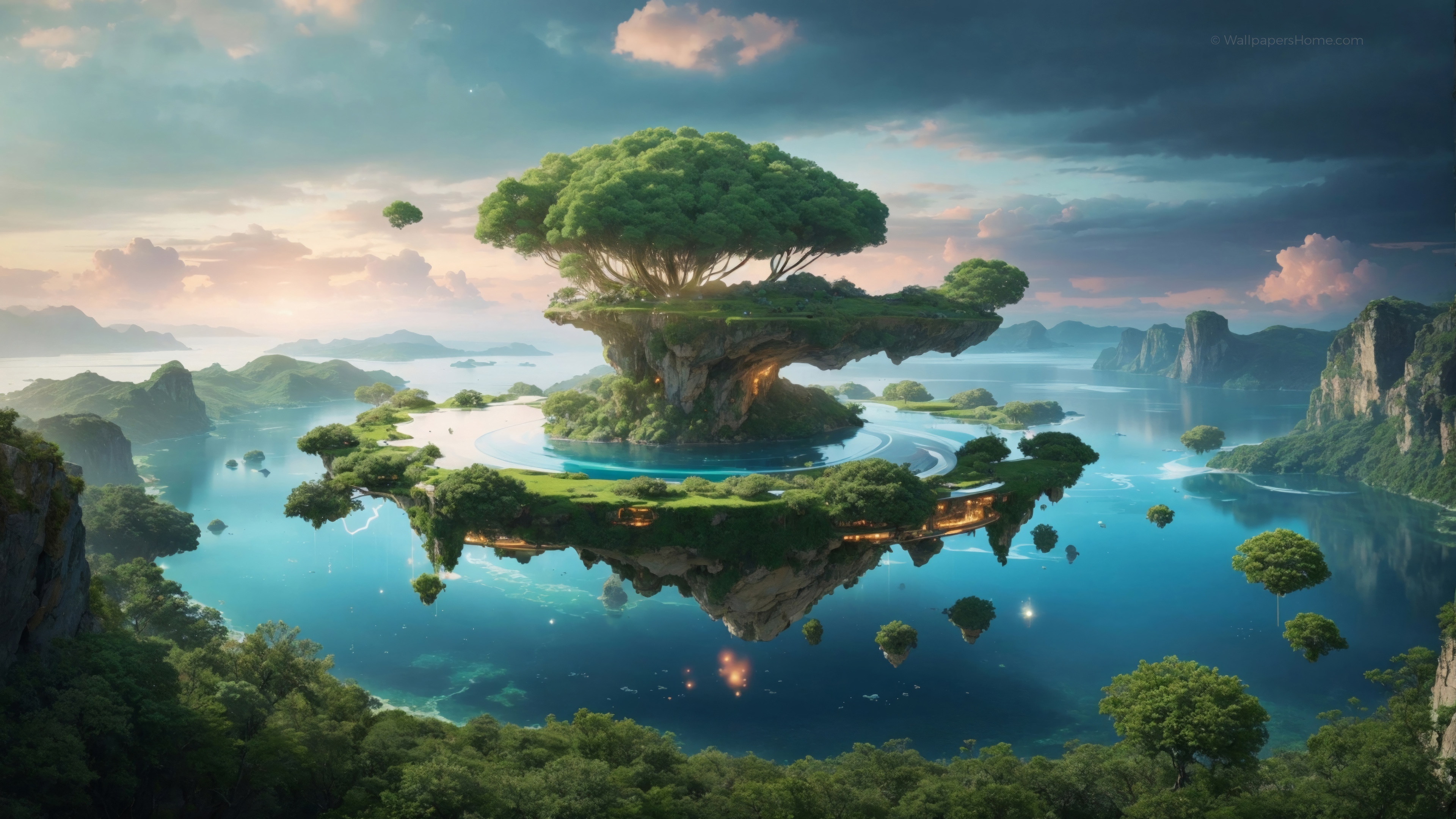 Fantasy World with Floating Islands and Trees 4K HD Wallpaper