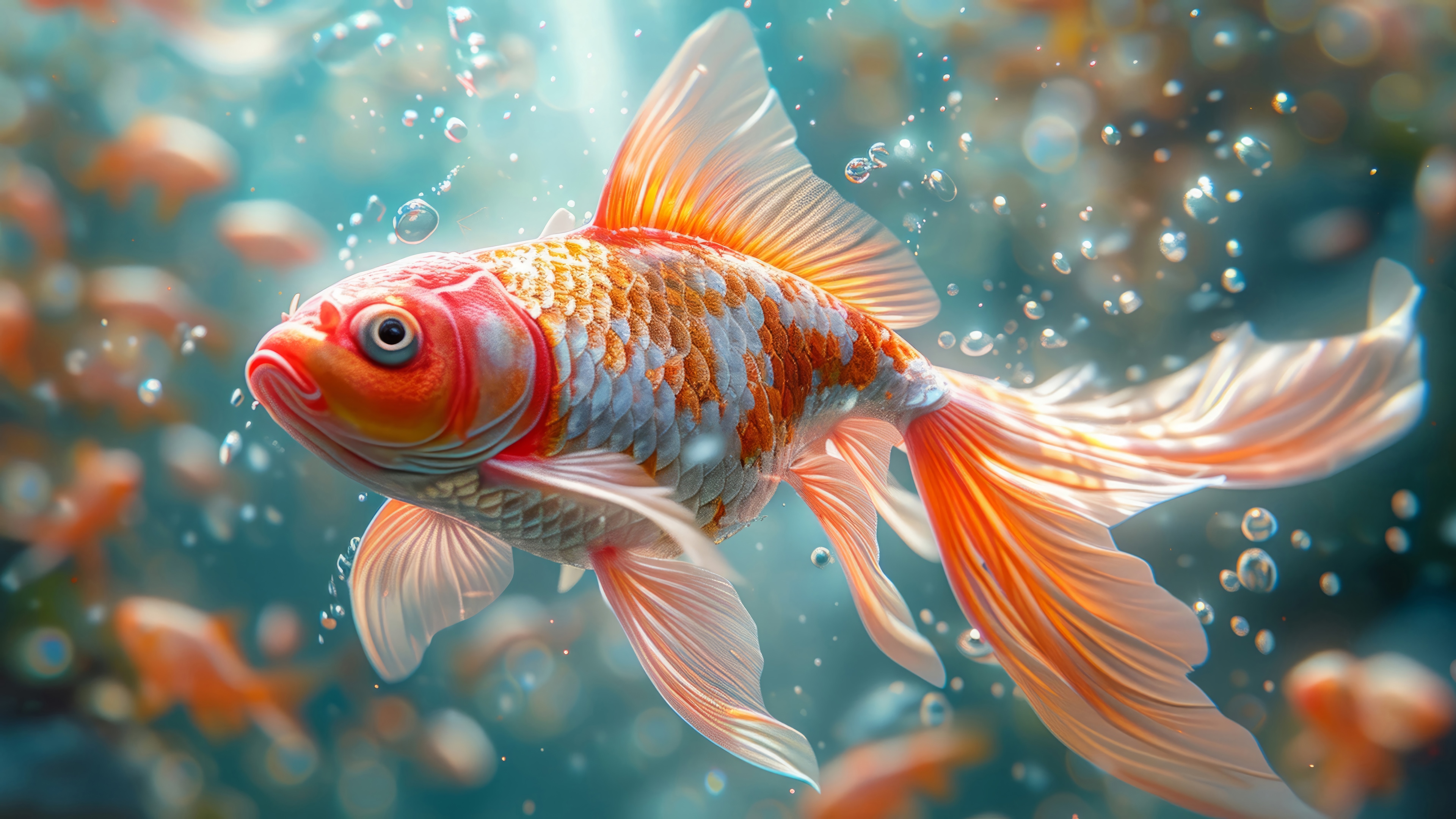 Goldfish swimming underwater in 4K HD Wallpaper