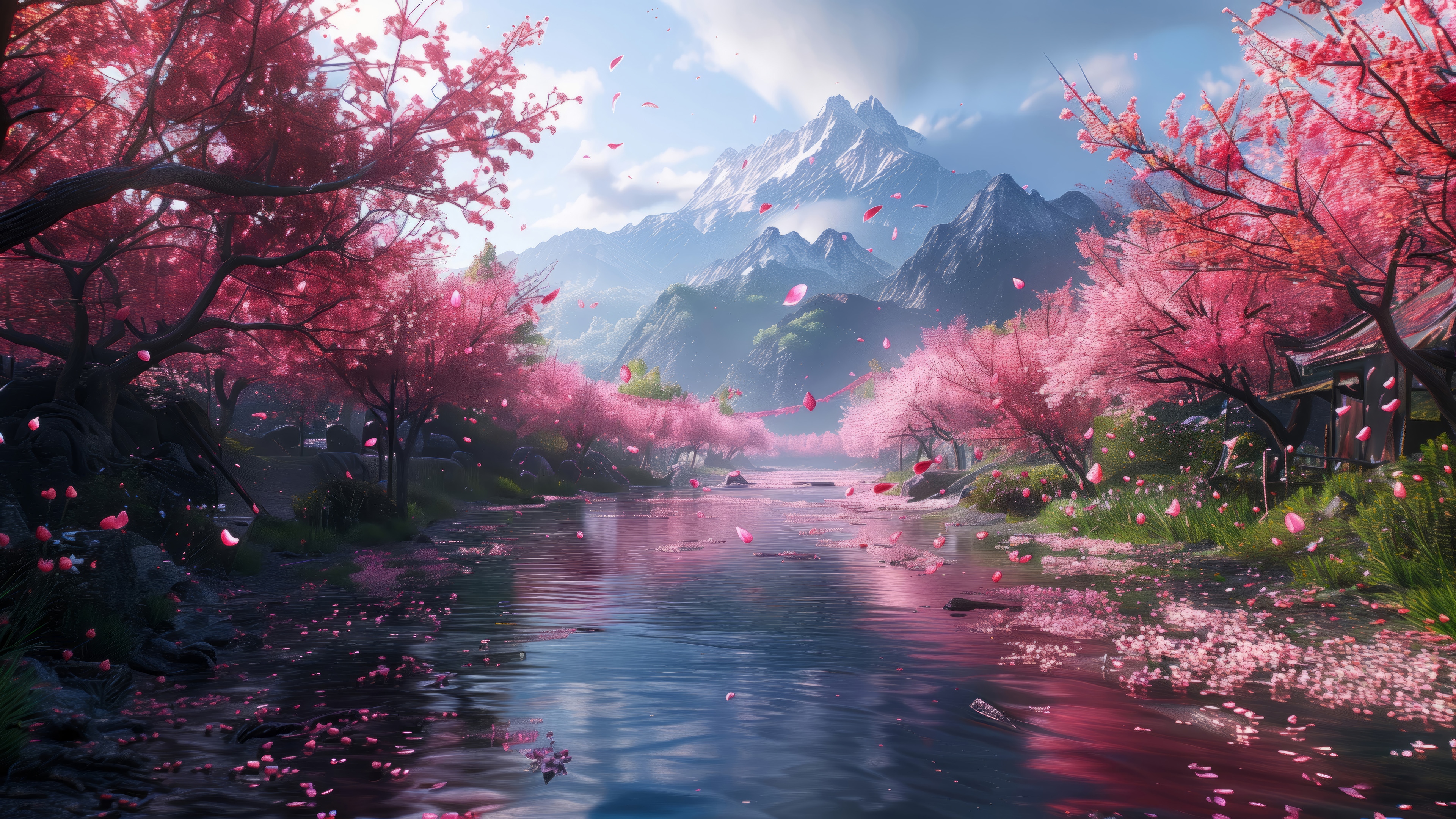 Cherry Blossom River with Mountains 4K HD Wallpaper