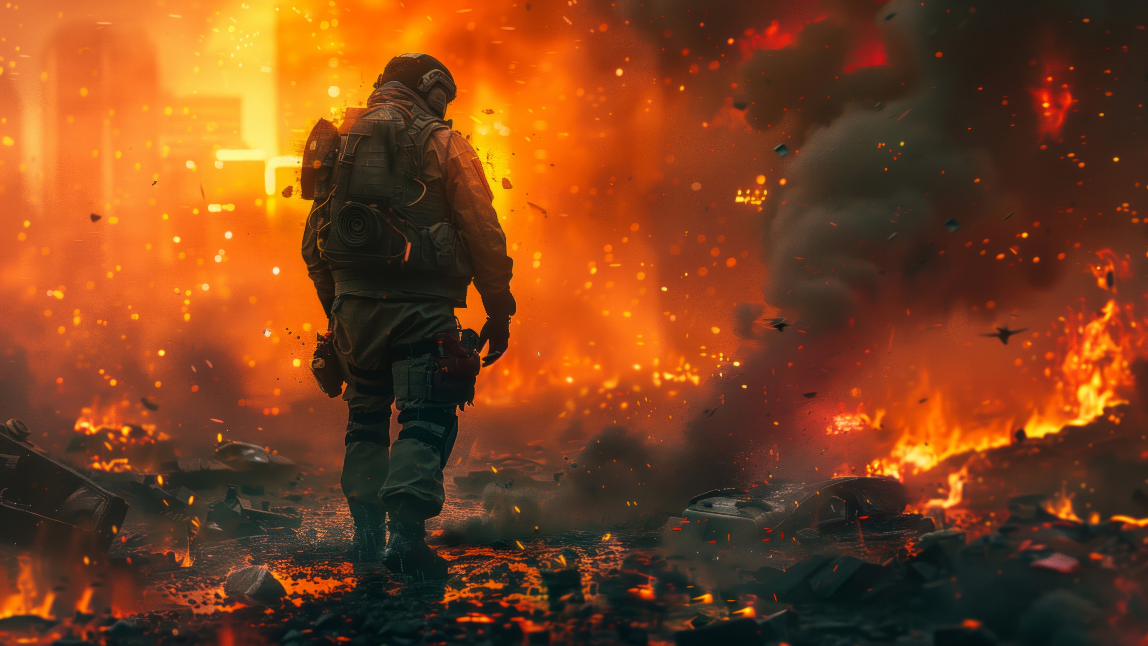 Soldier in a burning city, digital art, 4K HD Wallpaper