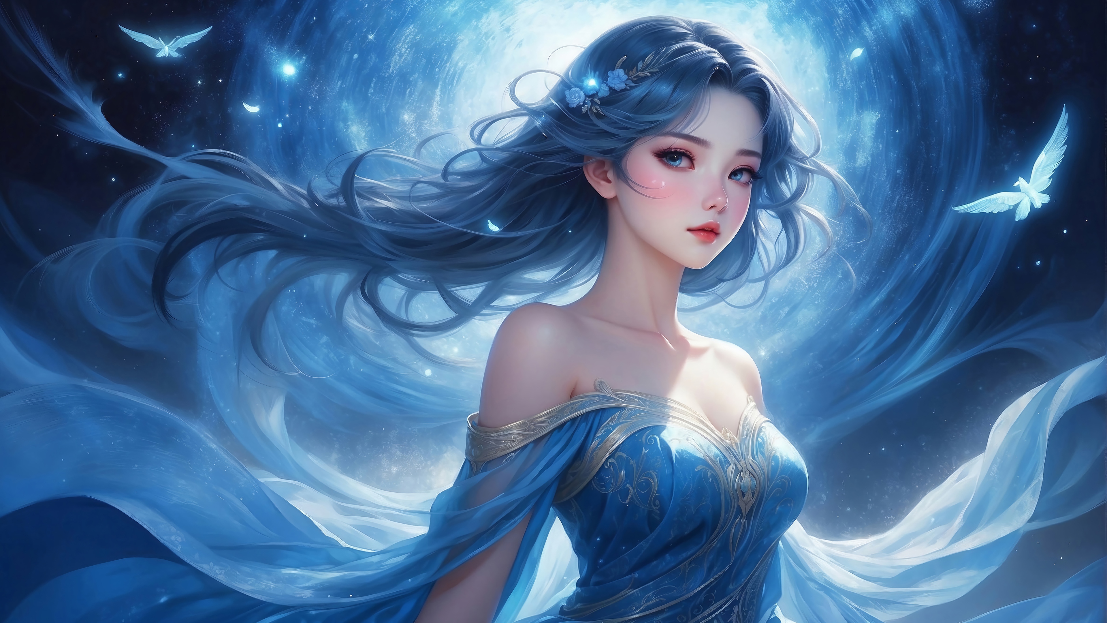 Beautiful Anime Girl in Blue Fantasy 4K HD Wallpaper