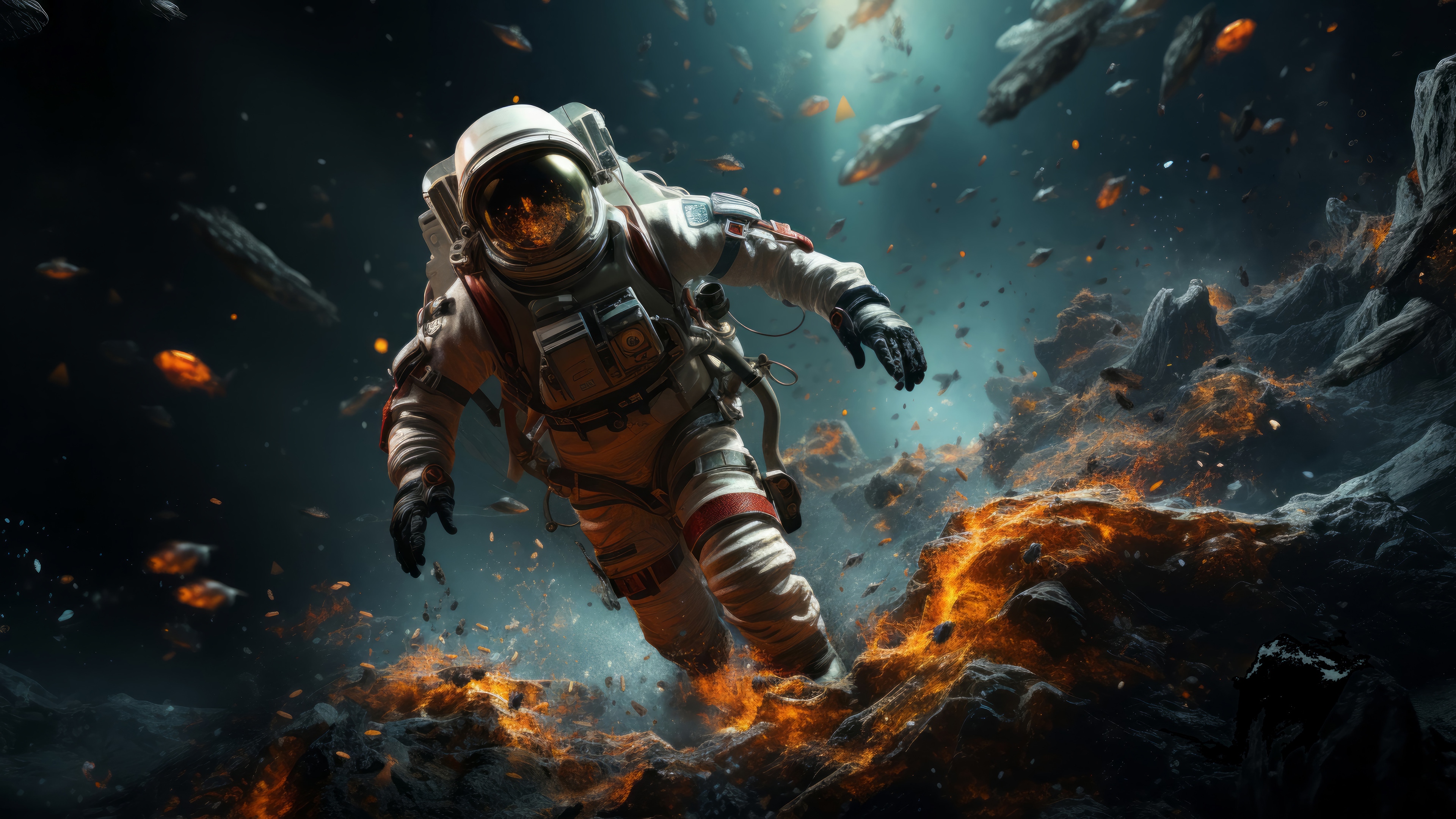 Astronaut floating in space near fiery asteroids HD Wallpaper