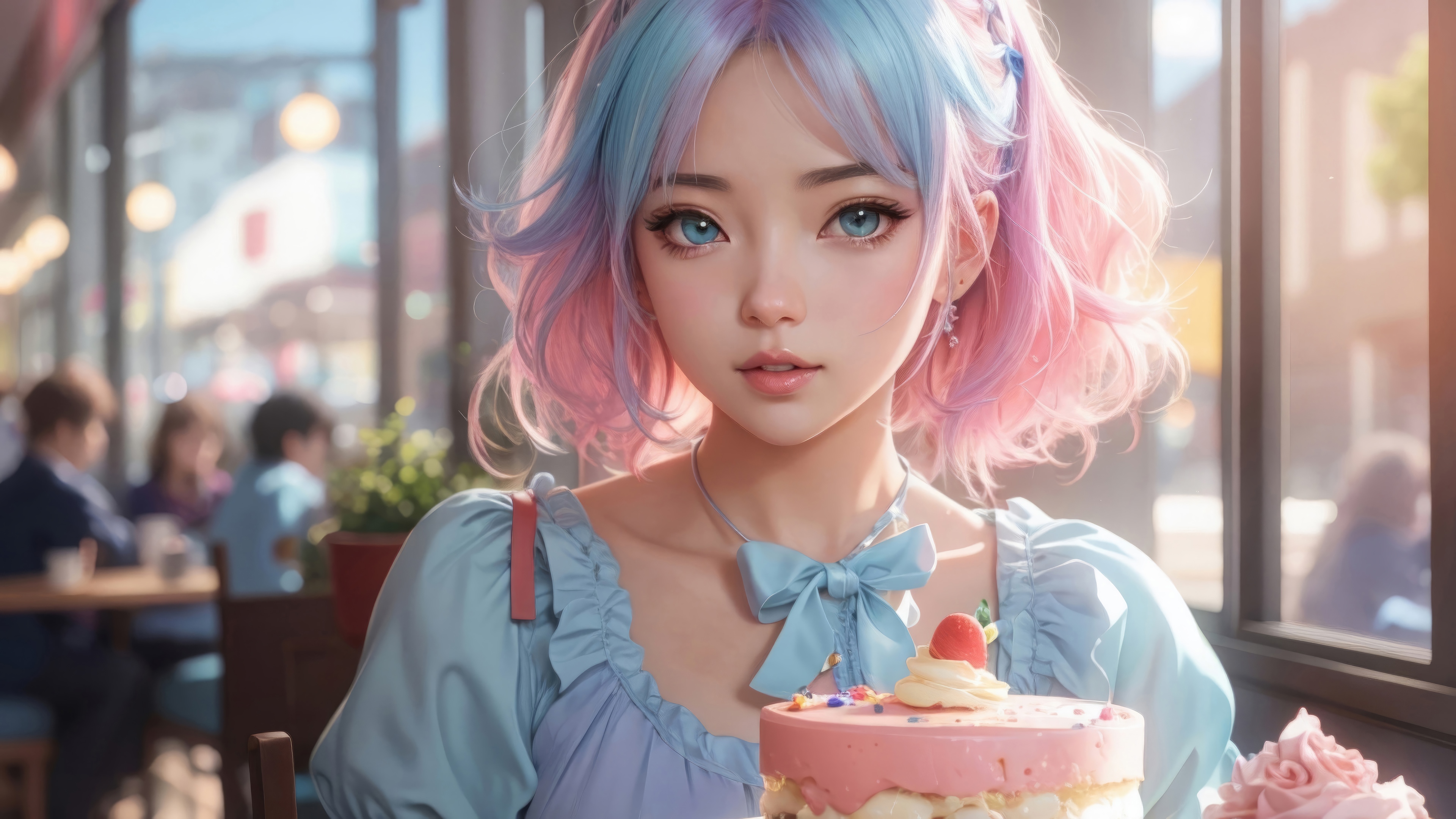 Anime girl with pink and blue hair and cake HD Wallpaper