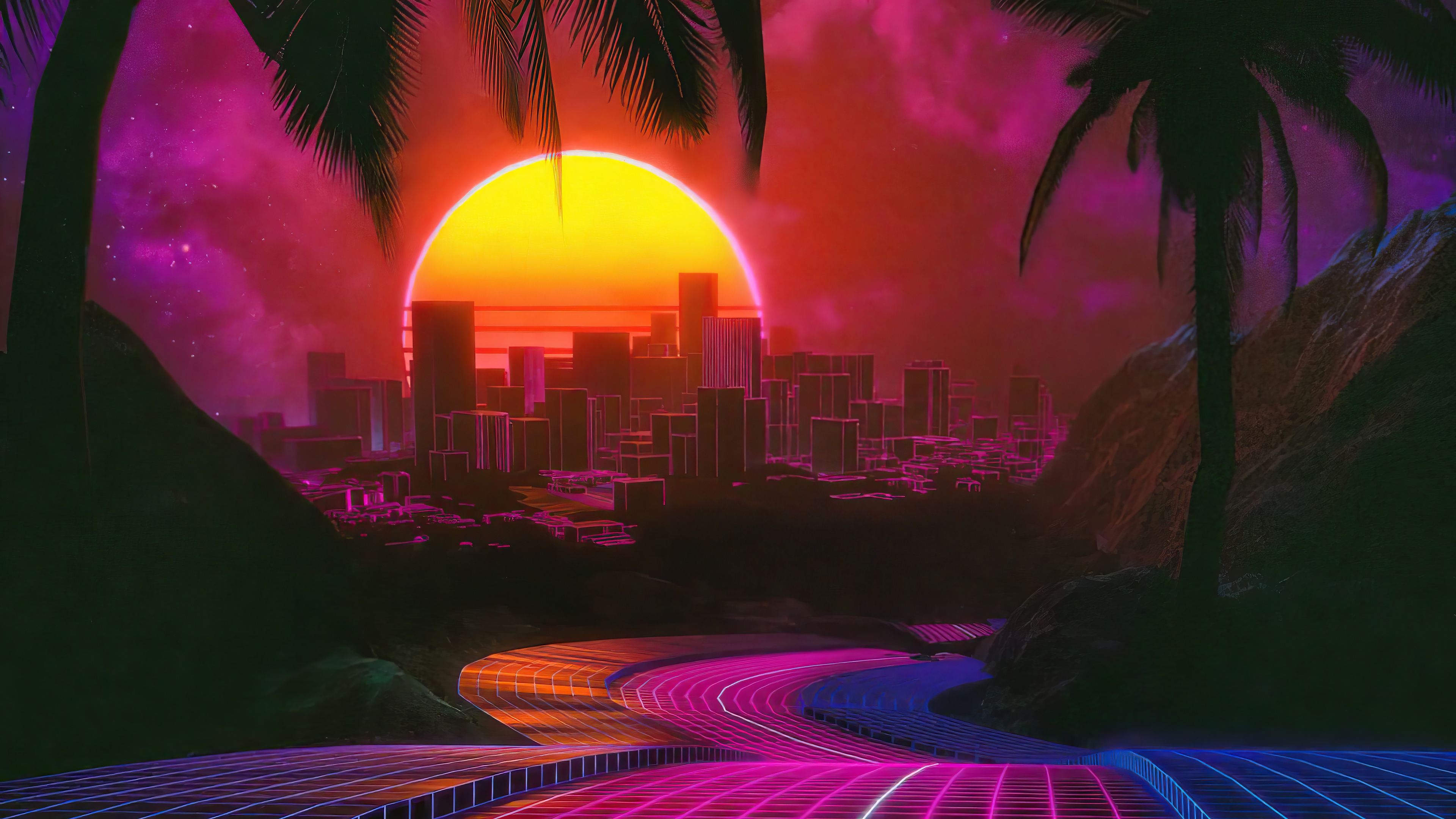 Outrun City Sunset Retrowave Digital Art 4K HD Wallpaper