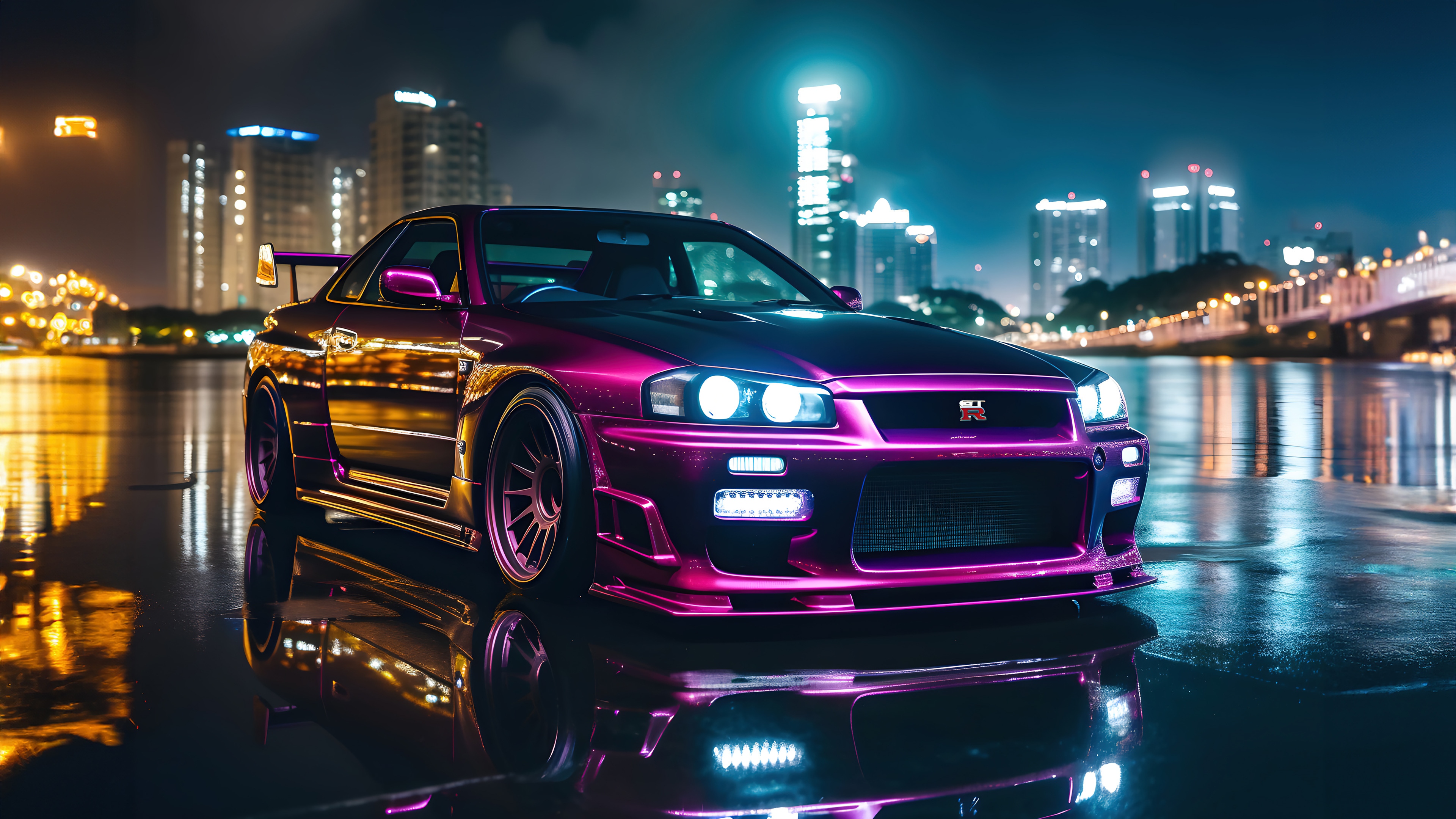 Purple Nissan Skyline R34 GT-R Sports Car 4K HD Wallpaper