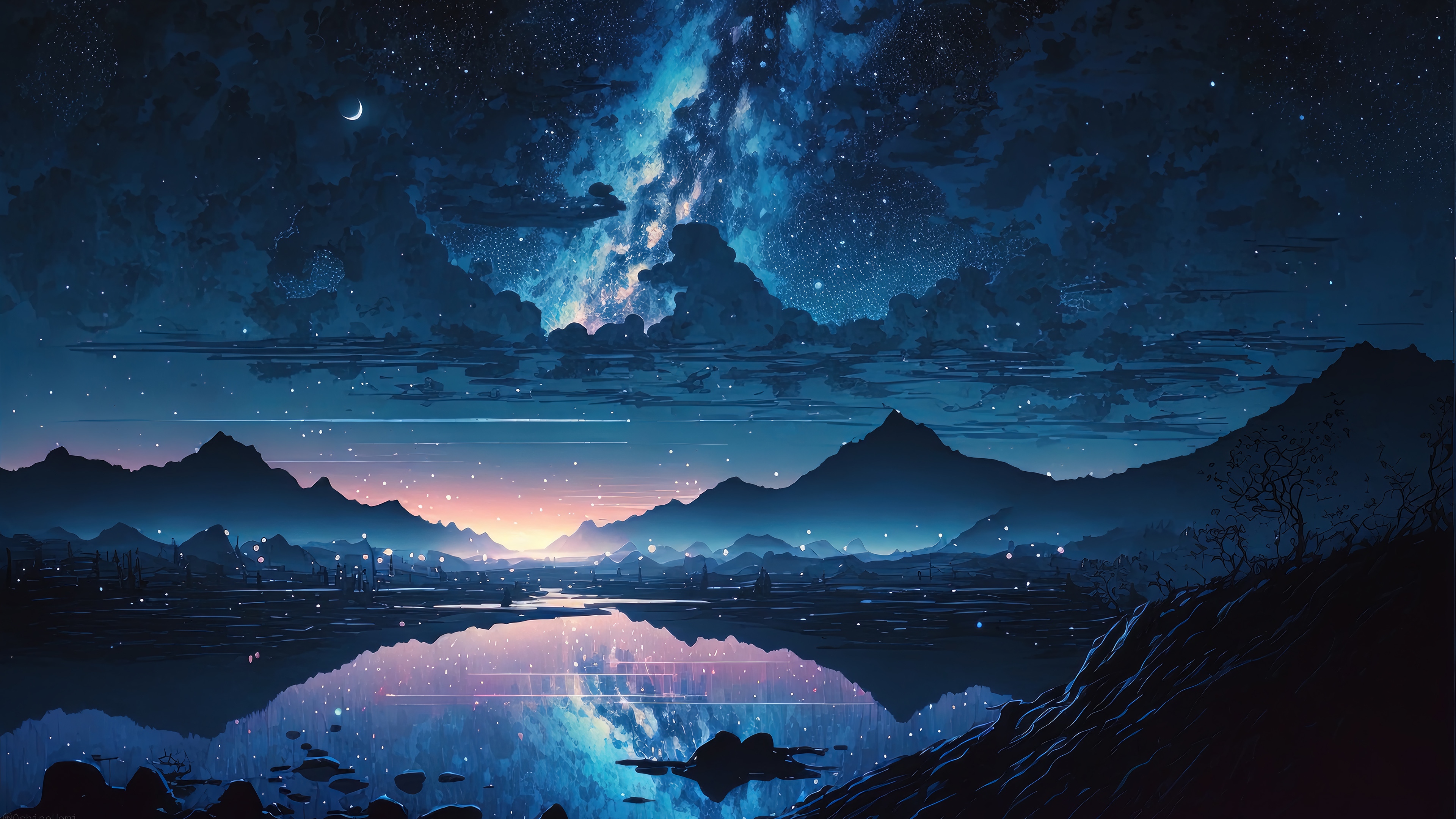 Anime Night Sky Over Mountains and Lake 4K HD Wallpaper