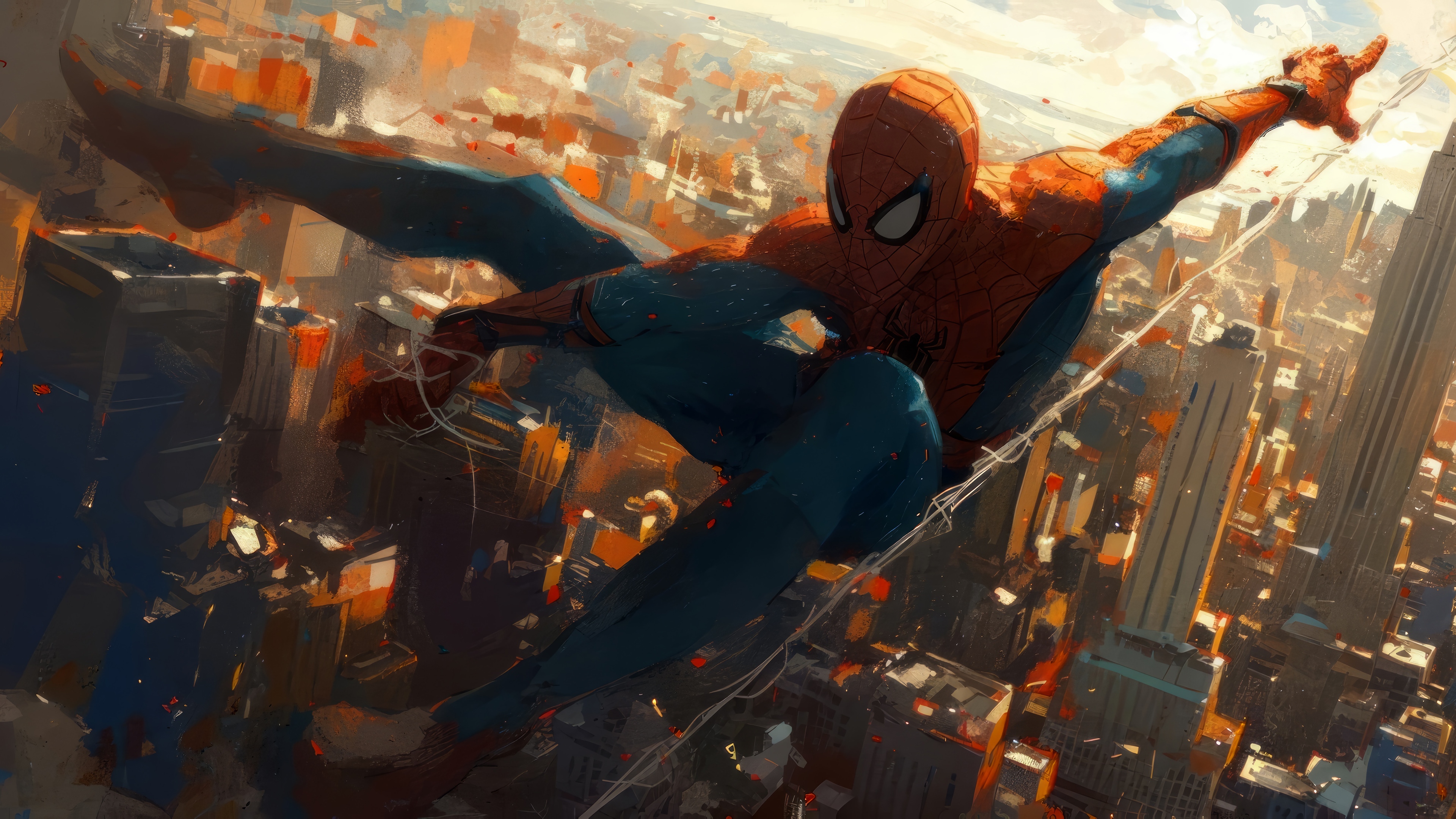 Spider-Man swinging through a city in 4K HD Wallpaper