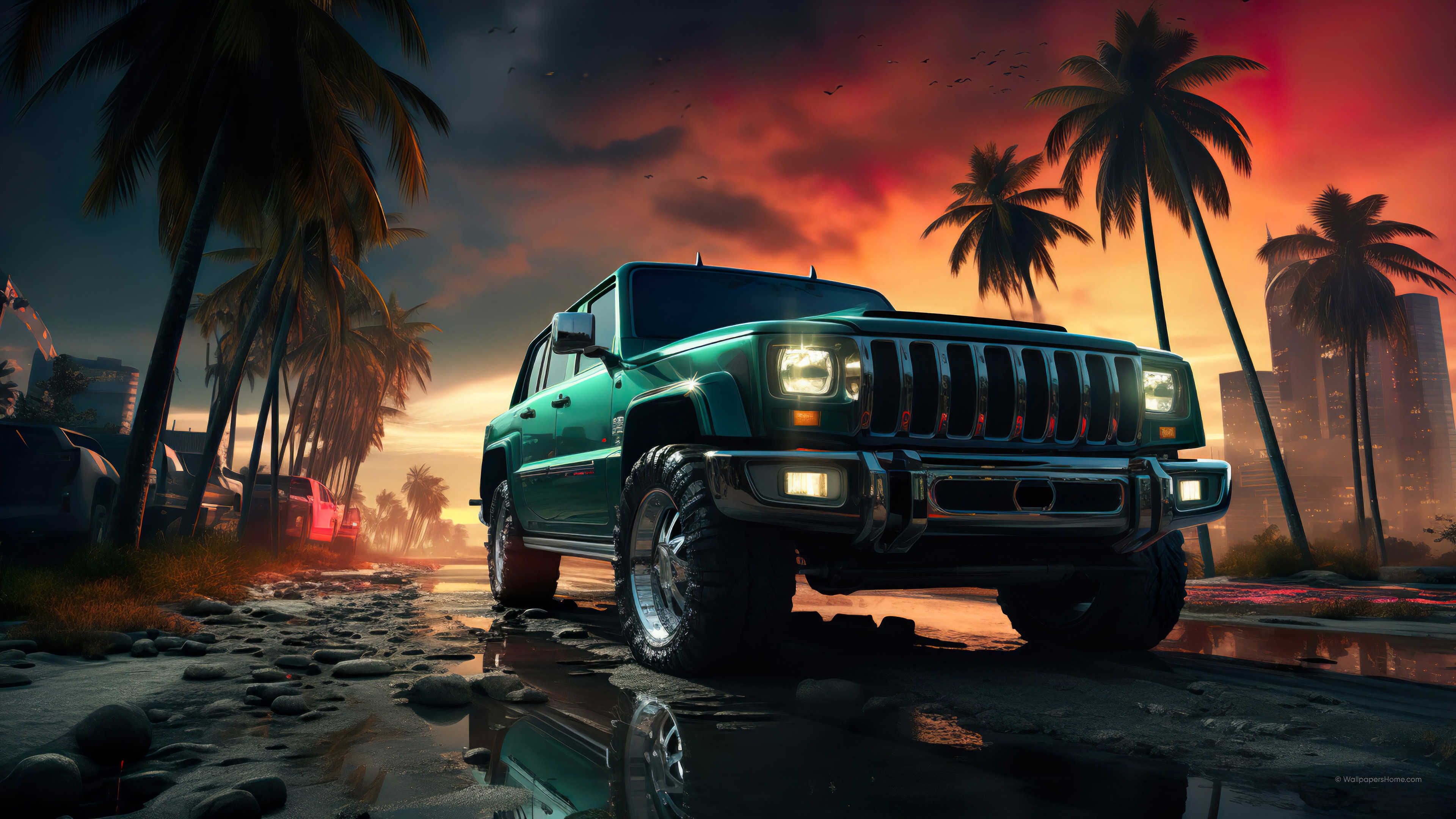 Green SUV on a road with palm trees and city skyline HD Wallpaper