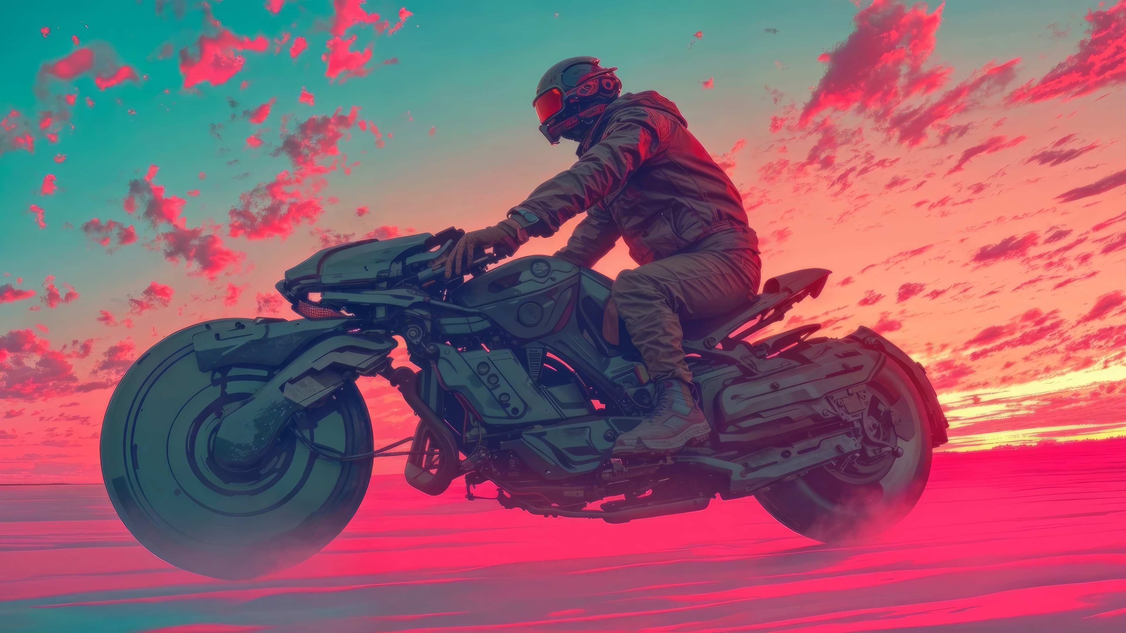 Cyberpunk motorcycle rider in a neon sunset HD Wallpaper