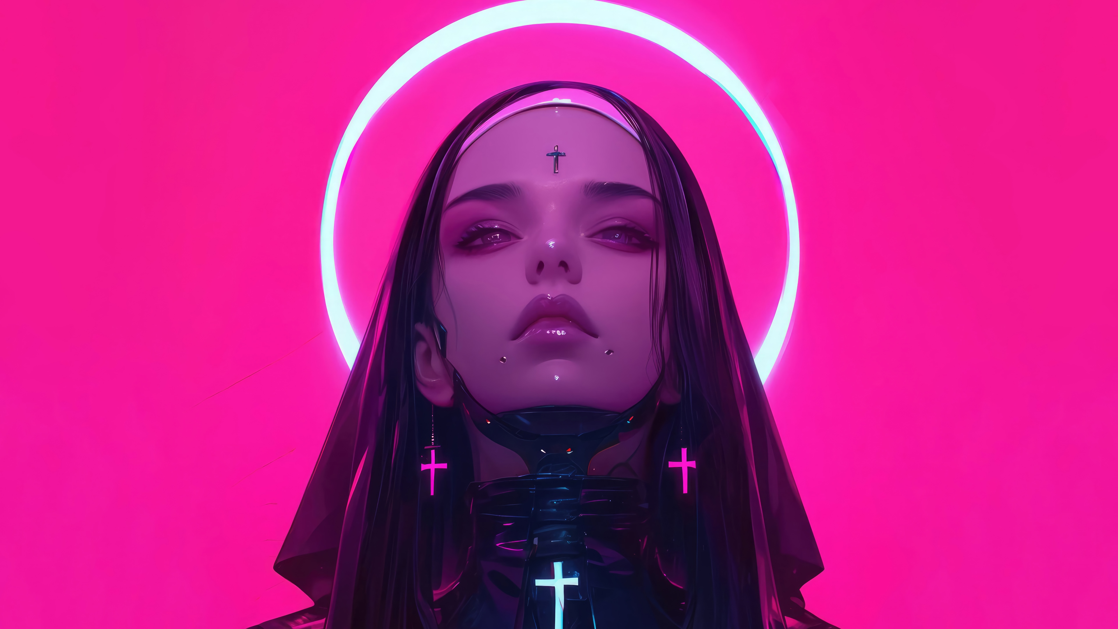 Anime Nun with Halo and Crosses 4K HD Wallpaper
