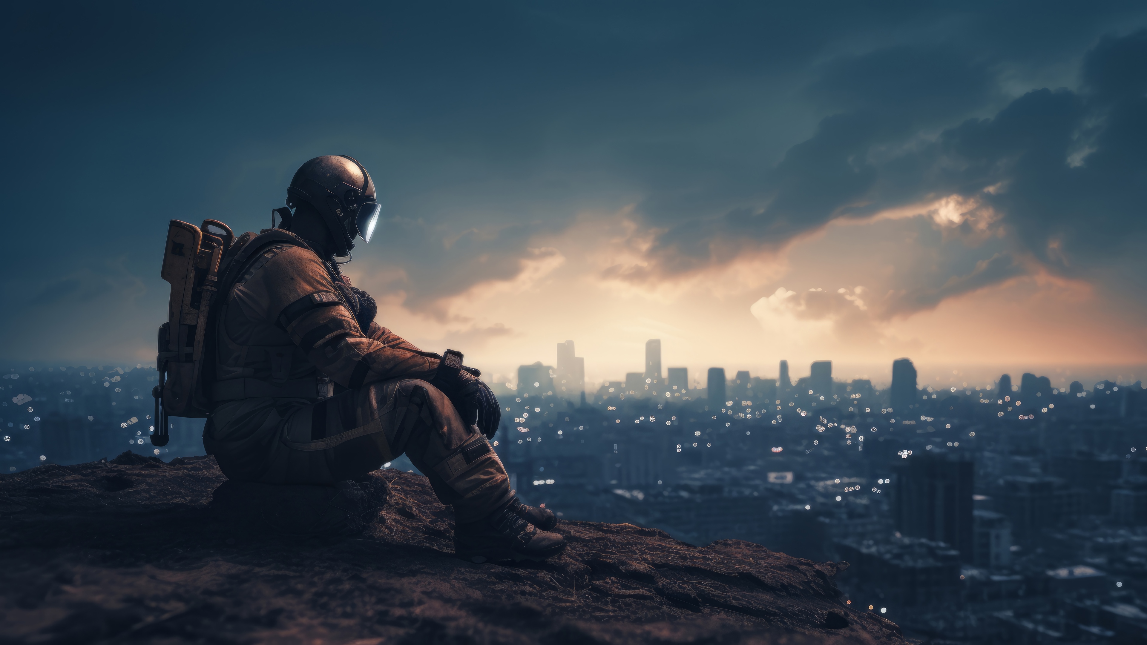 Astronaut sitting on a cliff overlooking a city HD Wallpaper