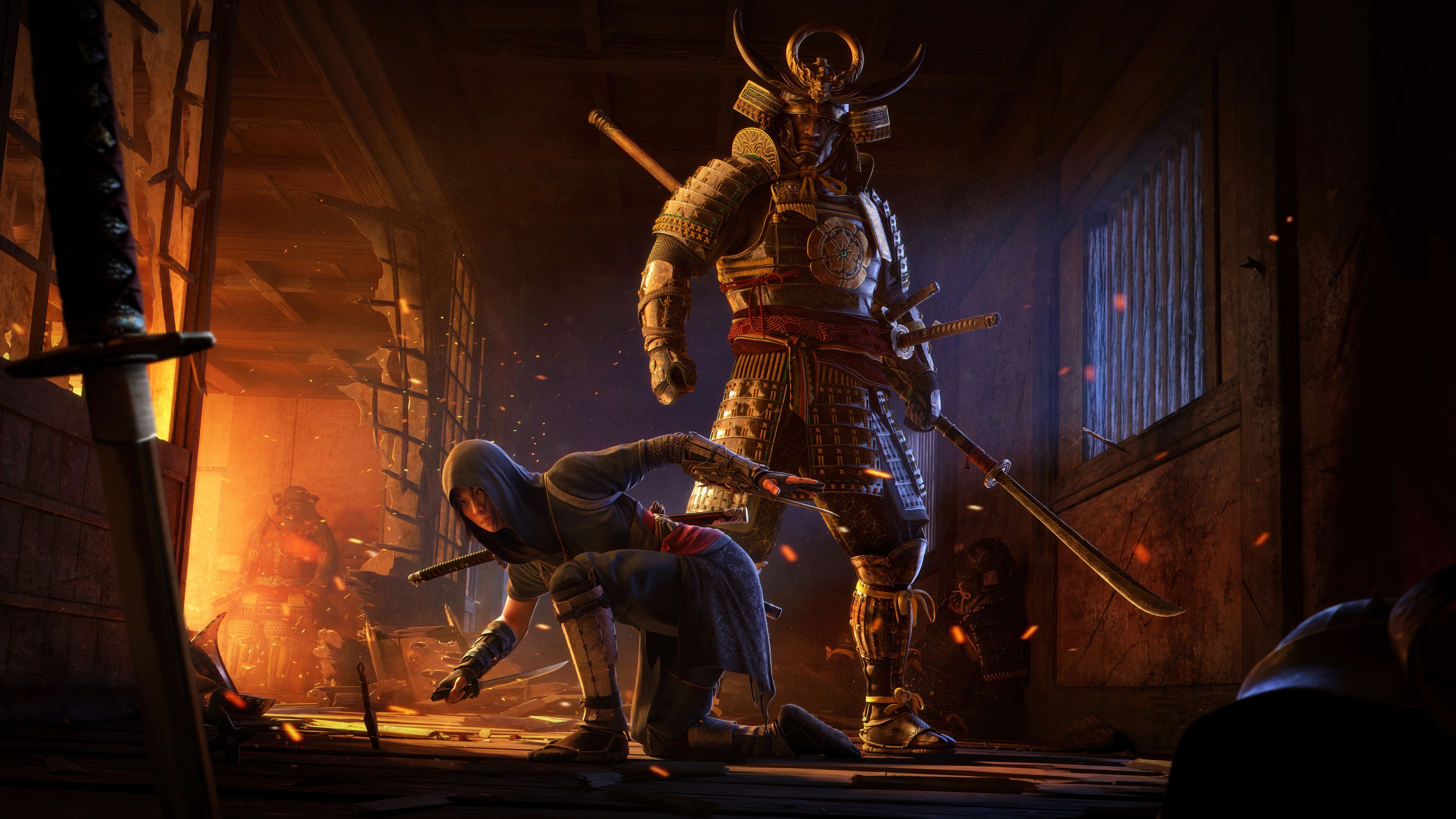 Samurai and Shinobi in a burning building HD Wallpaper