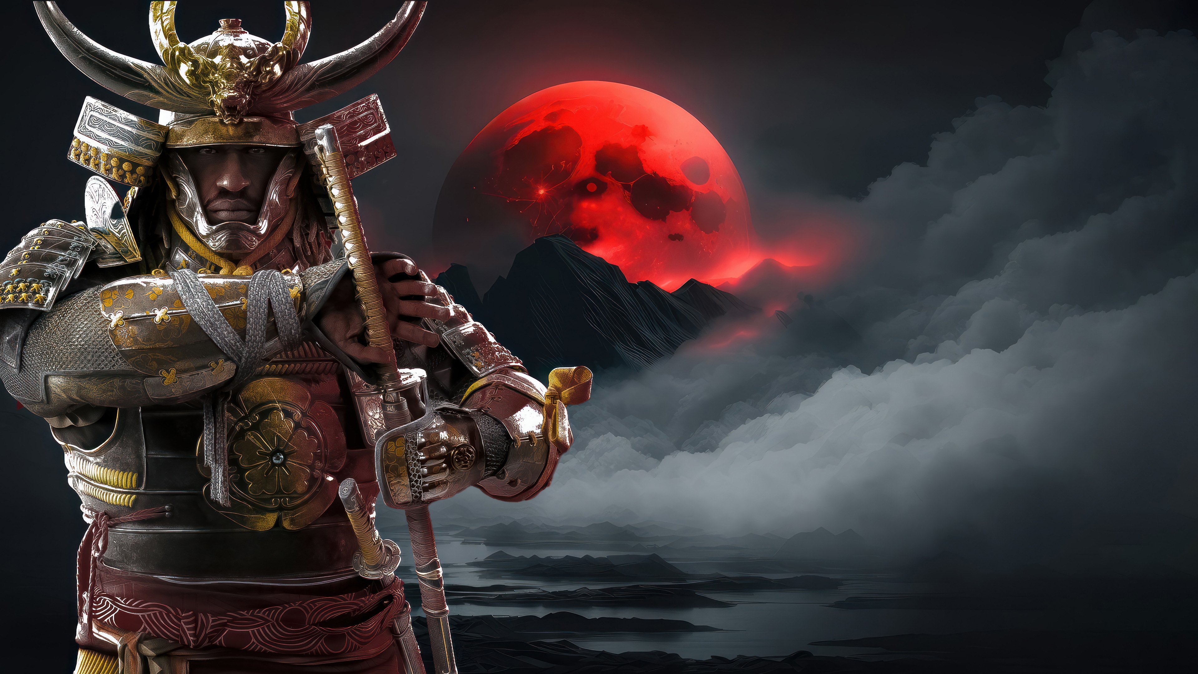 Yasuke the Samurai under a Blood Moon 4K HD Wallpaper