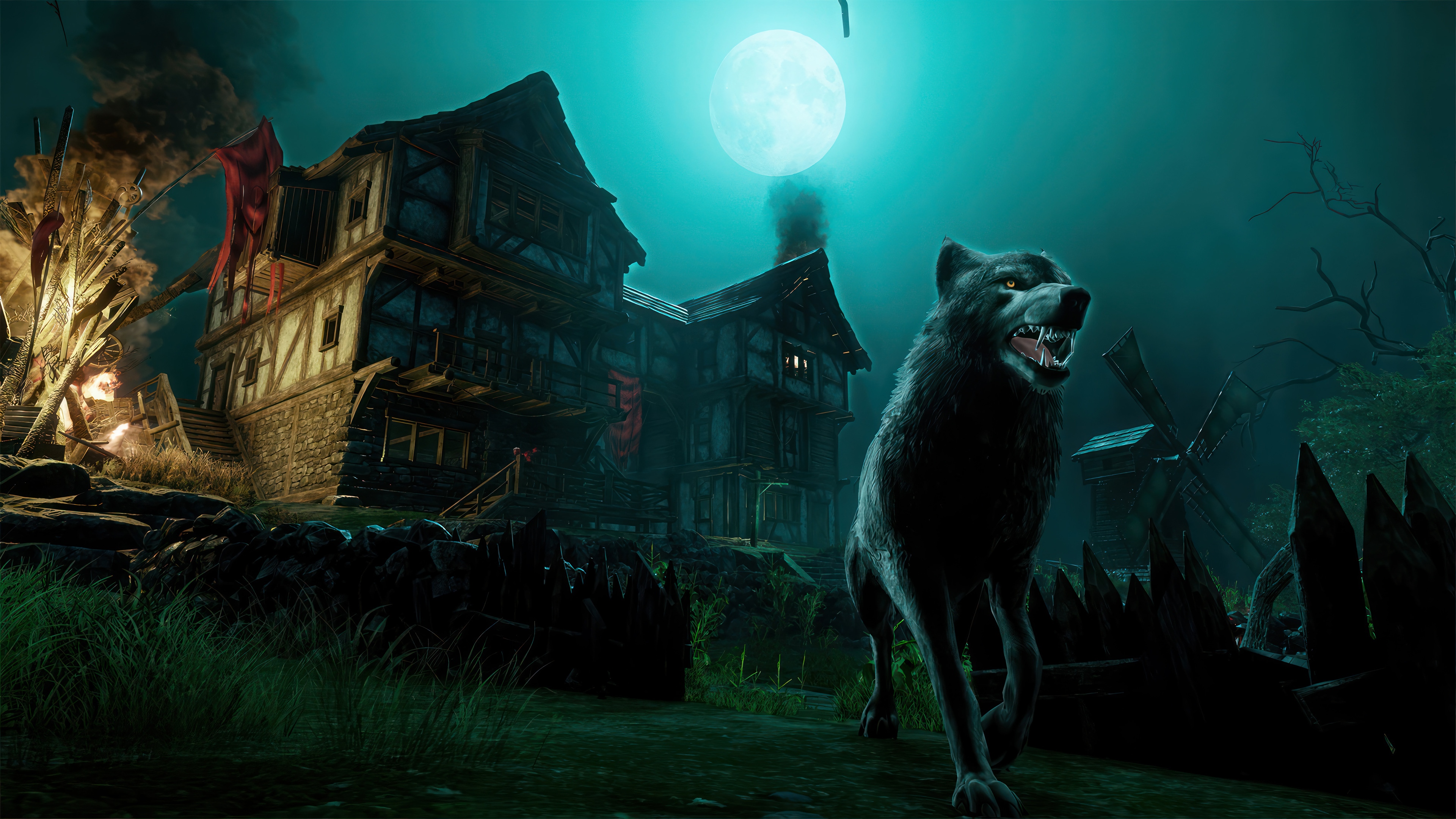 New World 4K: Wolf in front of a burning building HD Wallpaper