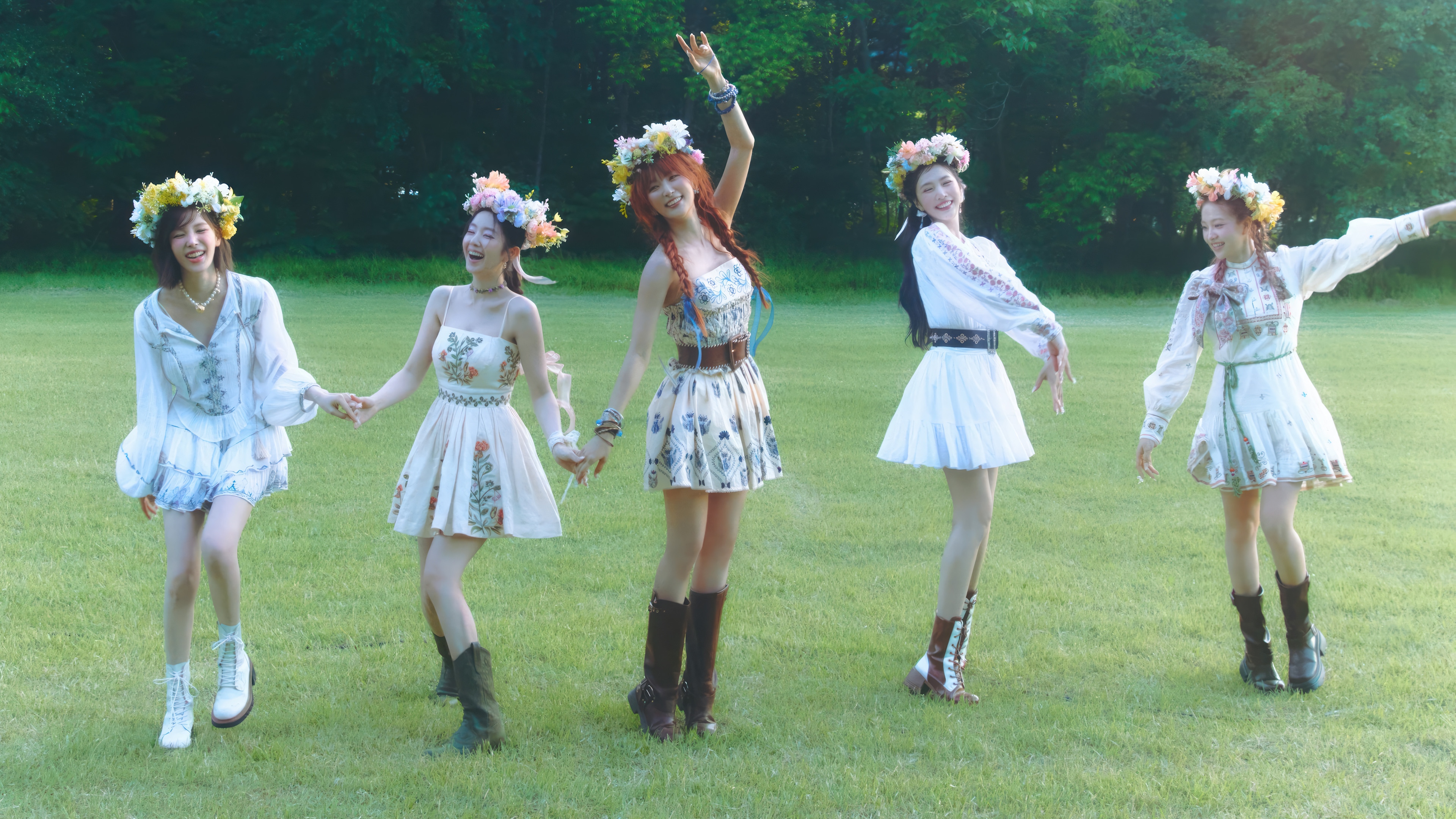 Red Velvet members in floral dresses and flower crowns HD Wallpaper