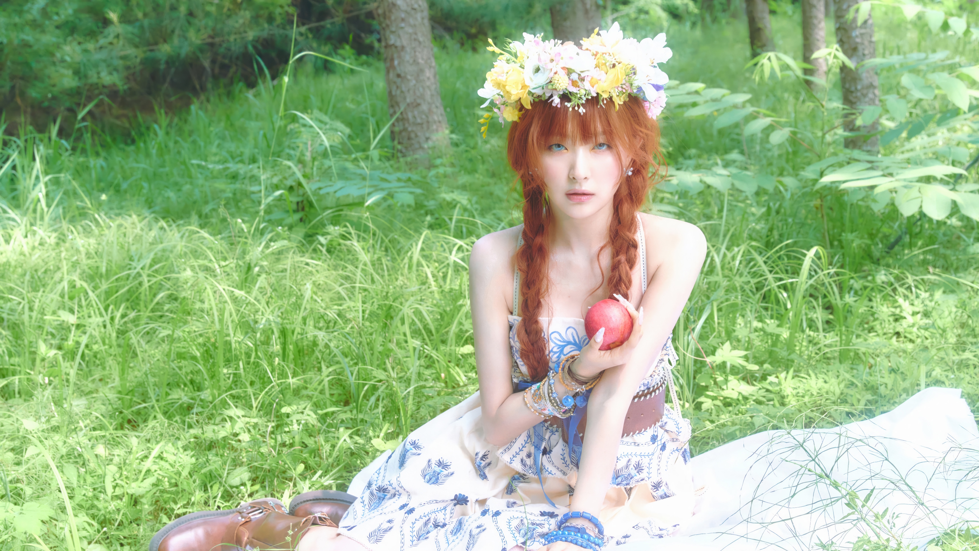 Seulgi wearing a flower crown in a forest HD Wallpaper