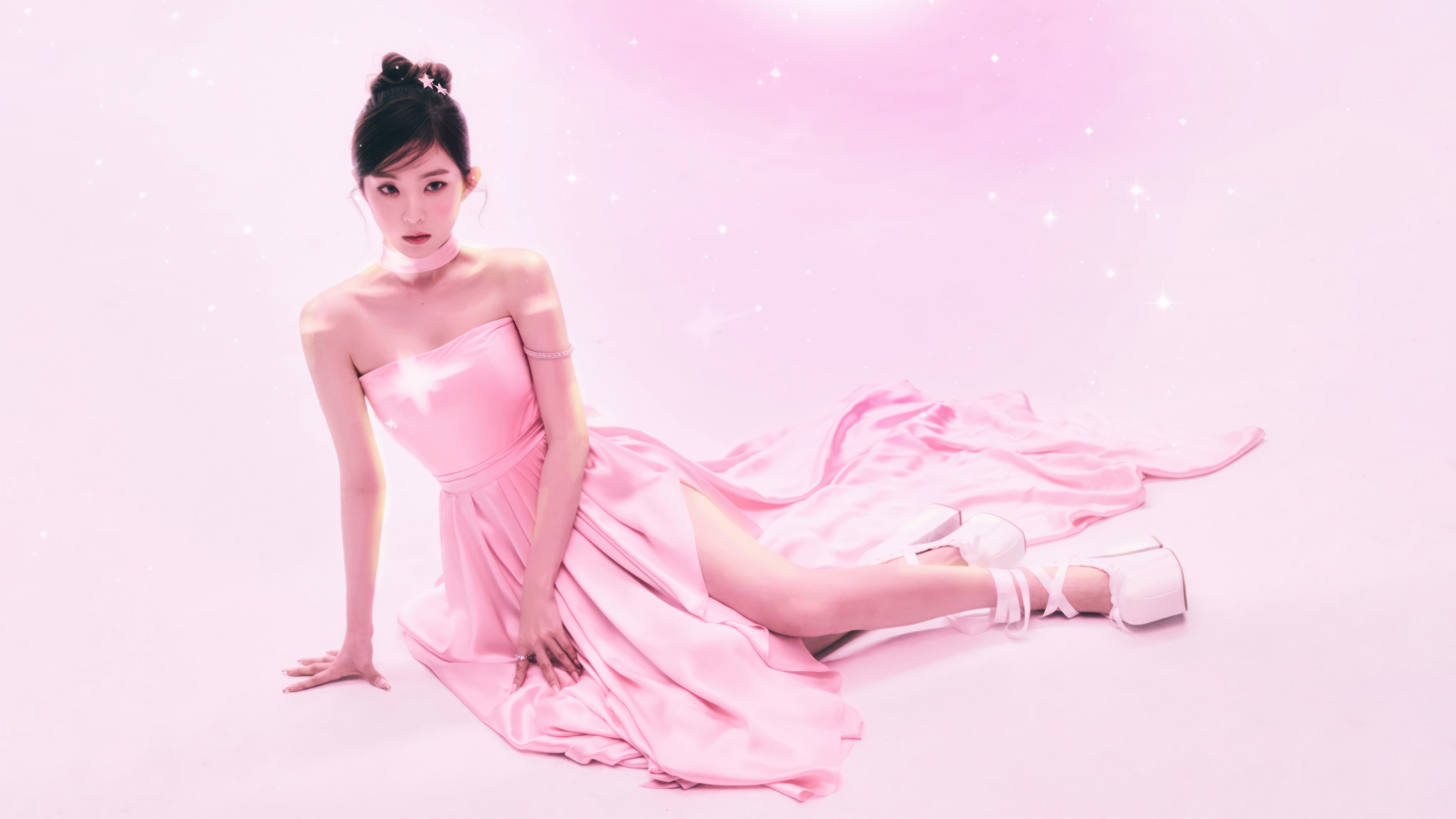 Irene in a pink dress with cosmic background 4K HD Wallpaper