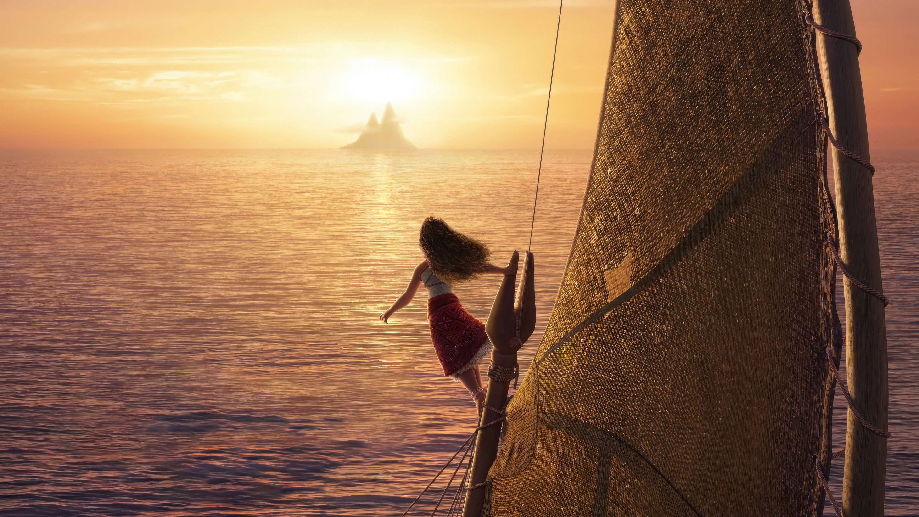 Moana on a sailboat at sunset HD Wallpaper