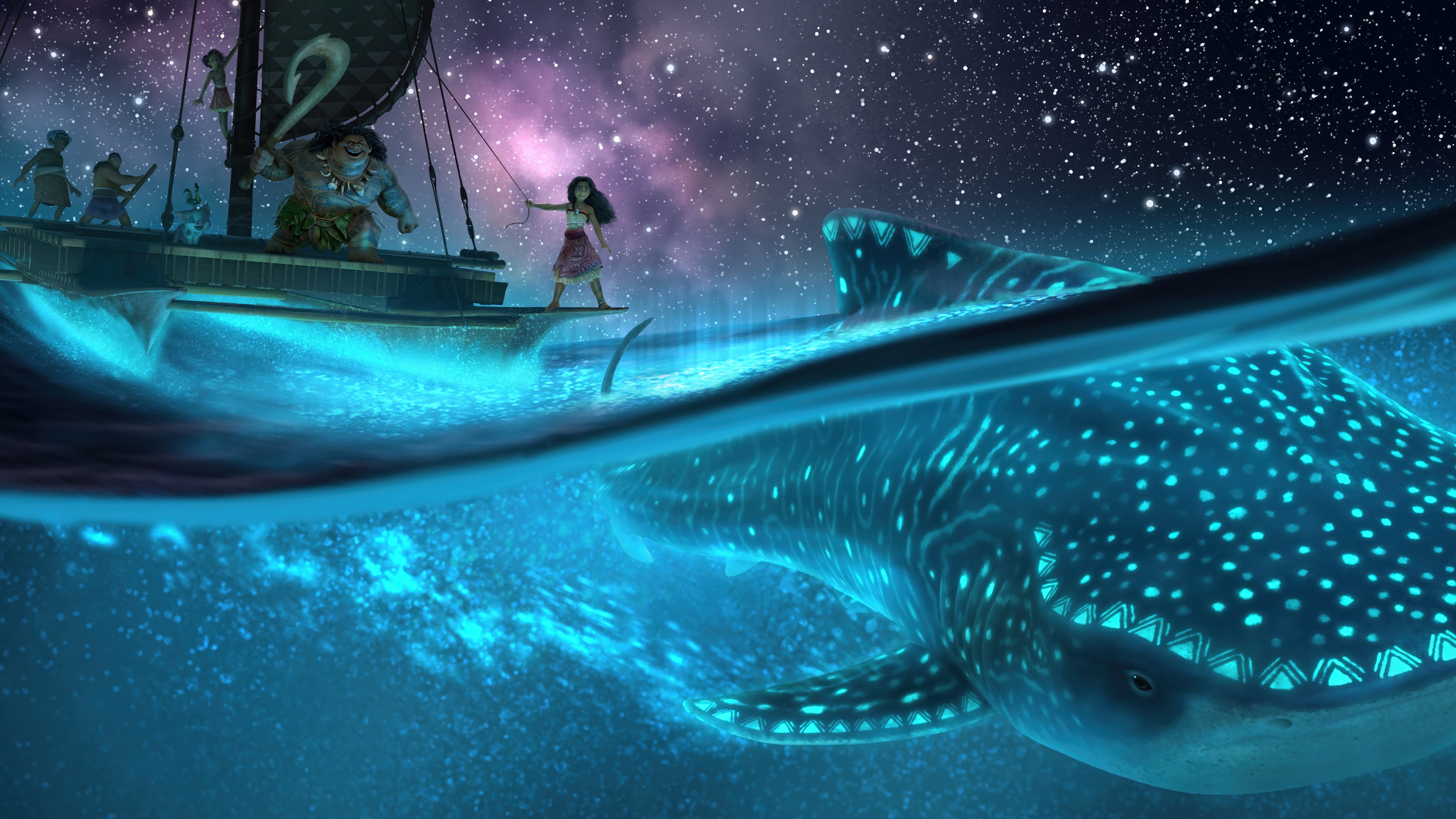 Moana and Maui on a boat with a whale shark HD Wallpaper