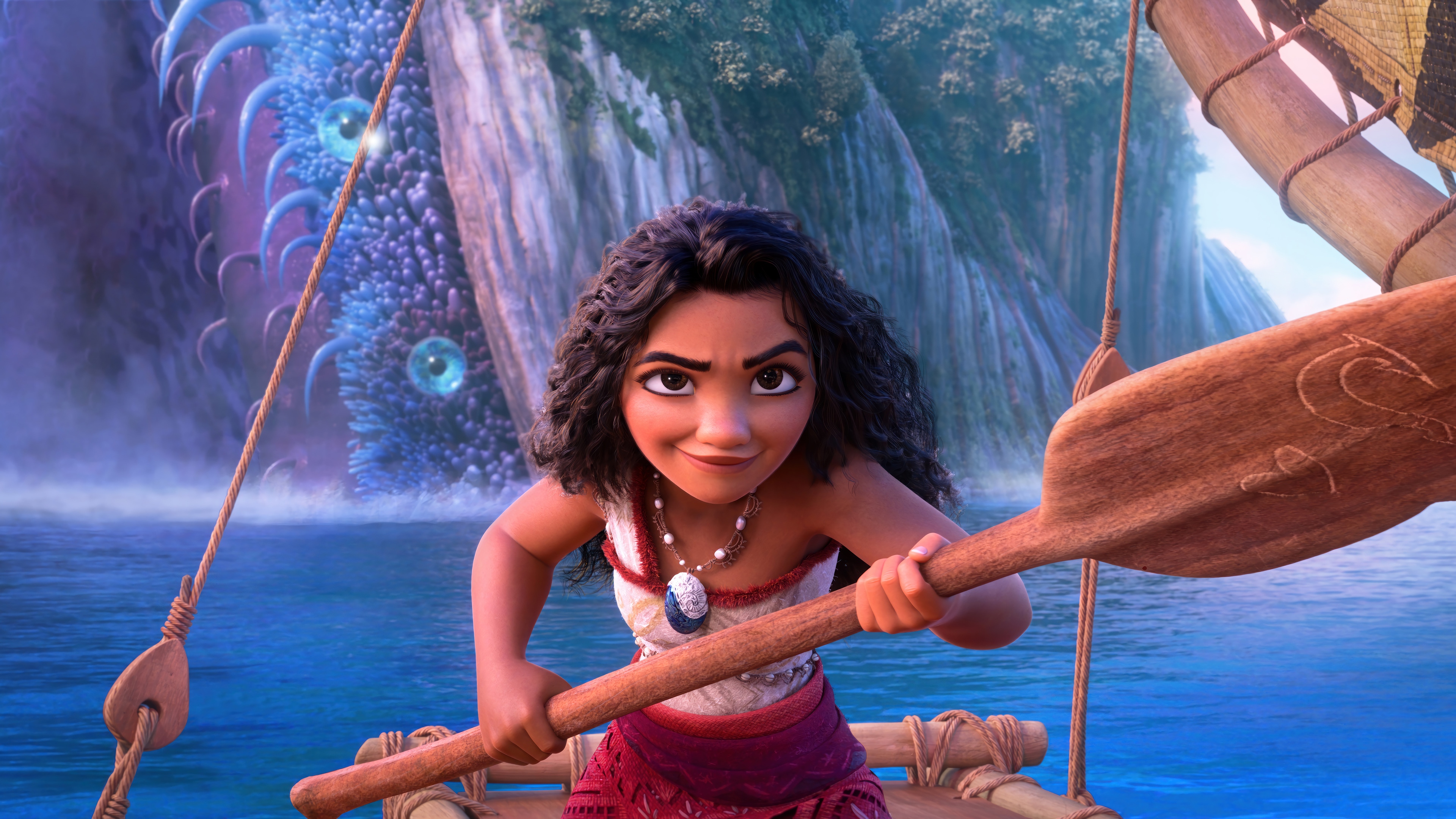 Moana on a boat with a monster in the background HD Wallpaper