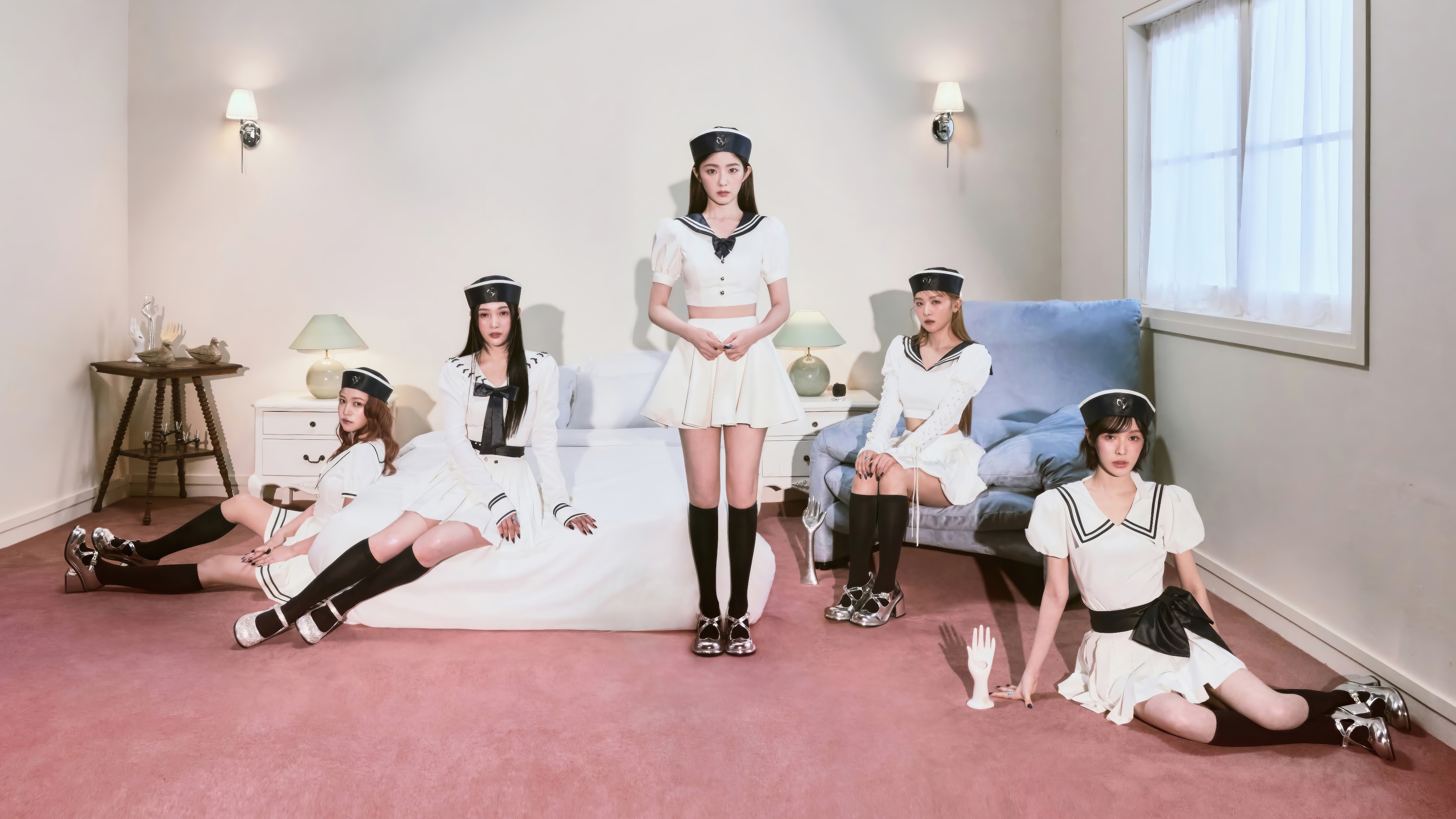 Red Velvet members in sailor outfits in a room HD Wallpaper