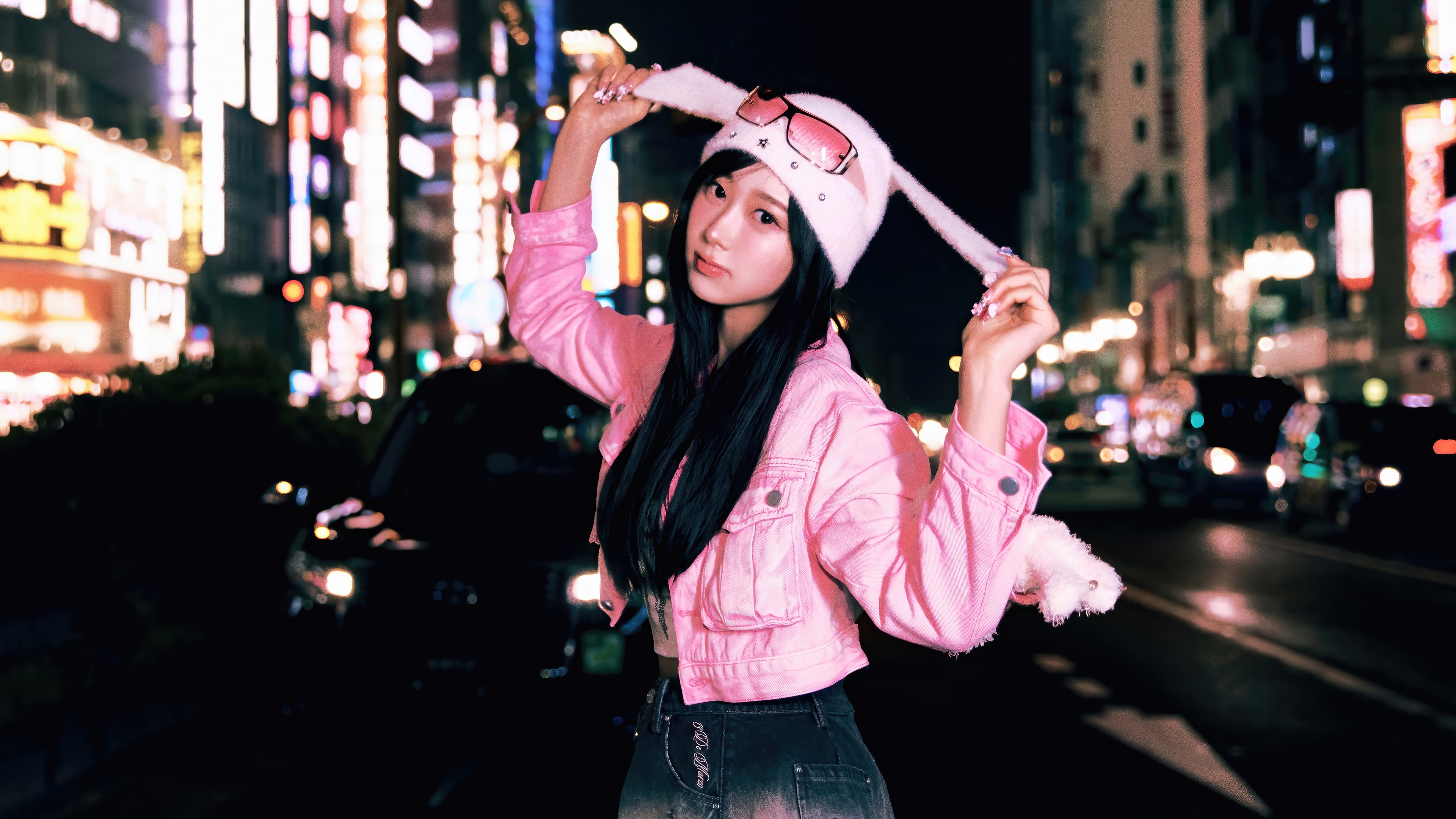 Giselle Aespa in Pink Jacket at Night in City HD Wallpaper