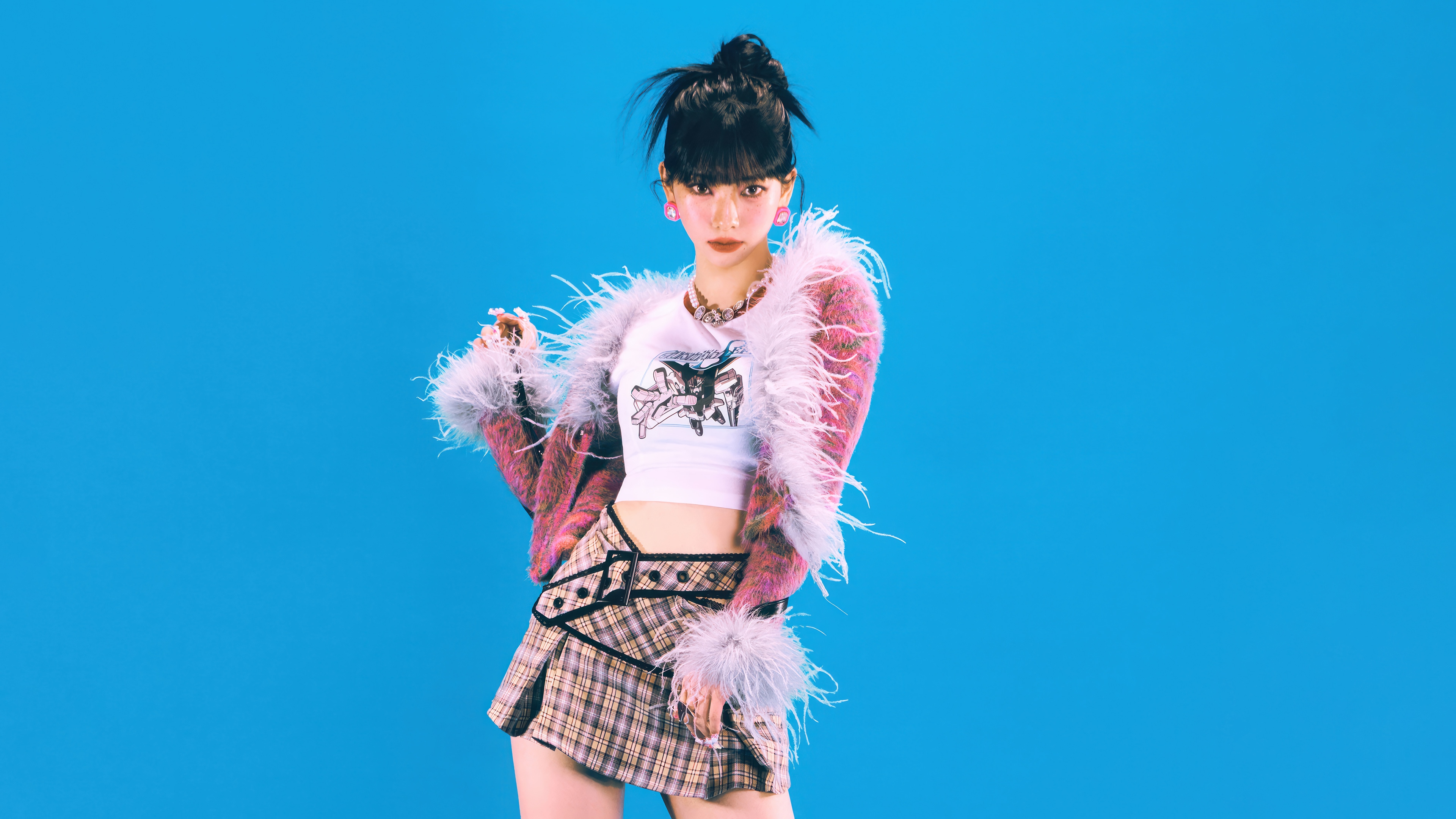 Karina from Aespa in a pink fuzzy cardigan HD Wallpaper