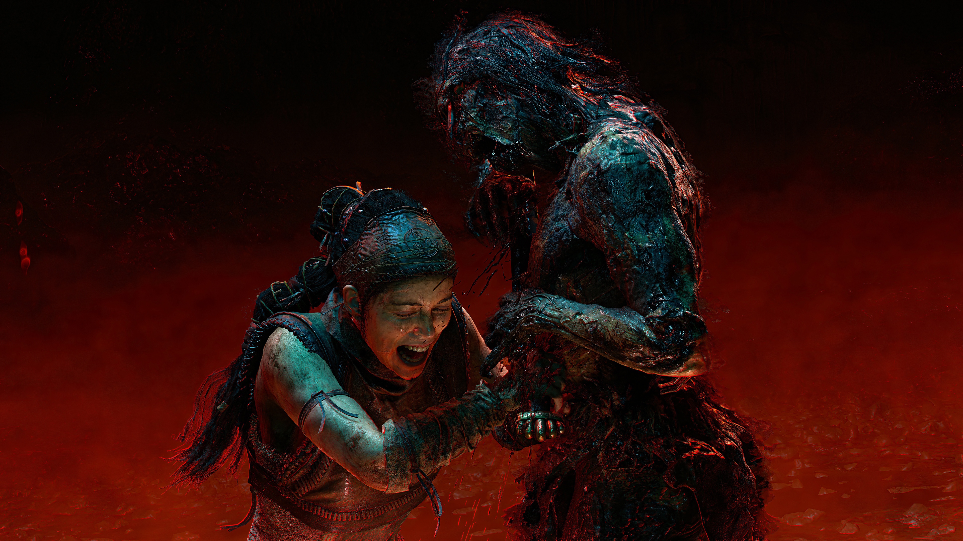 Senua and a grotesque creature in Hellblade 4K HD Wallpaper