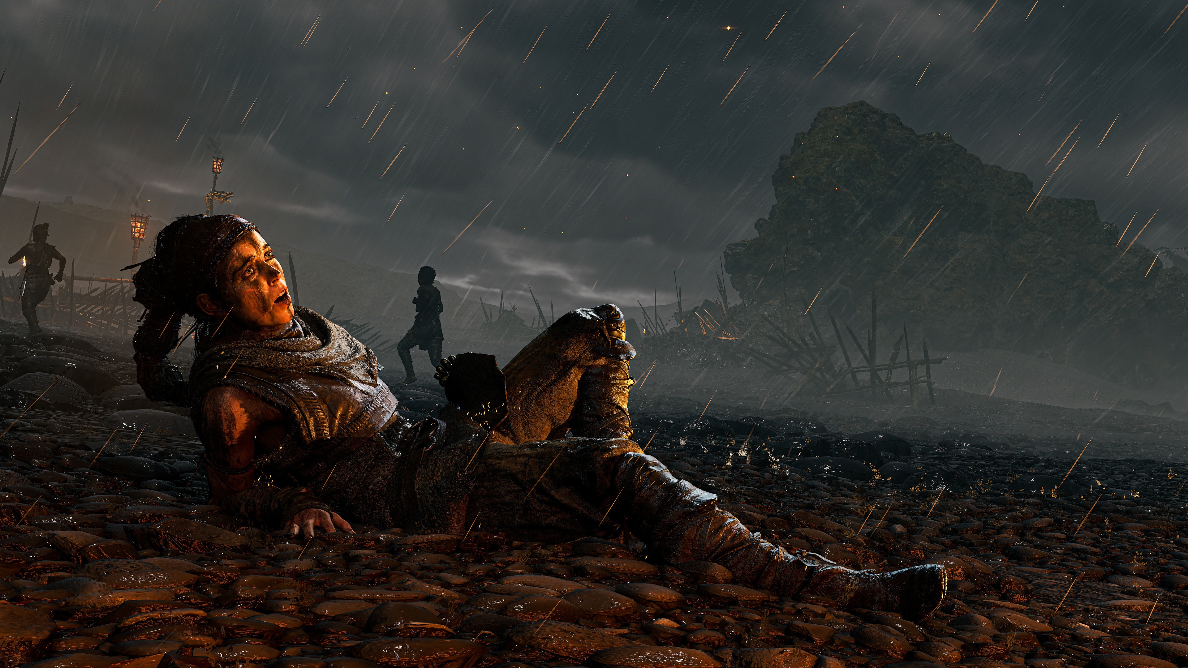 Woman lying on the ground in the rain HD Wallpaper