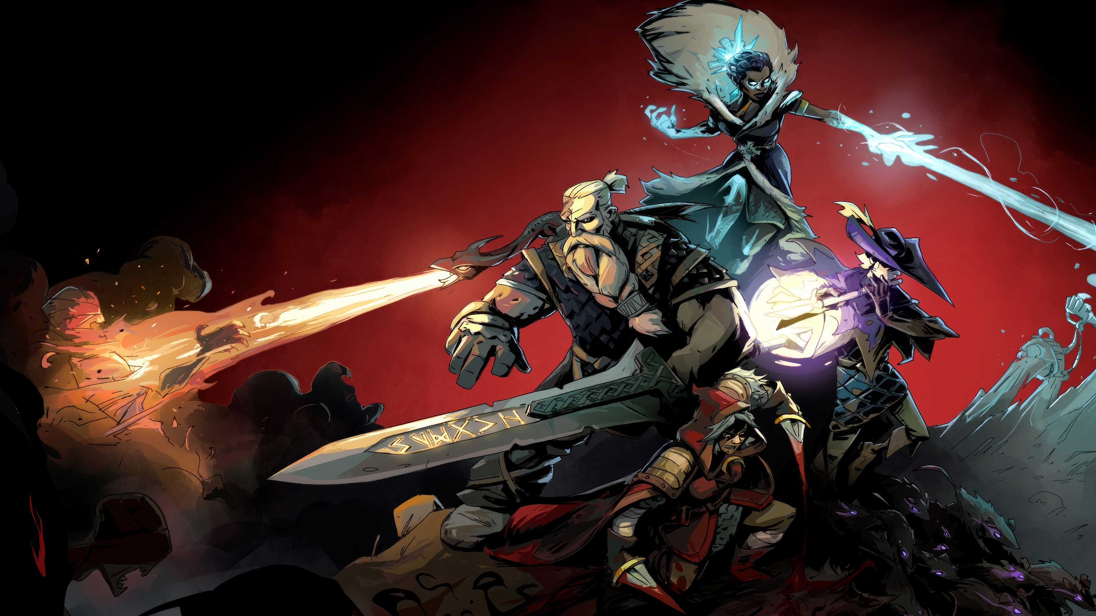 Ravenswatch characters fighting with magic and weapons HD Wallpaper
