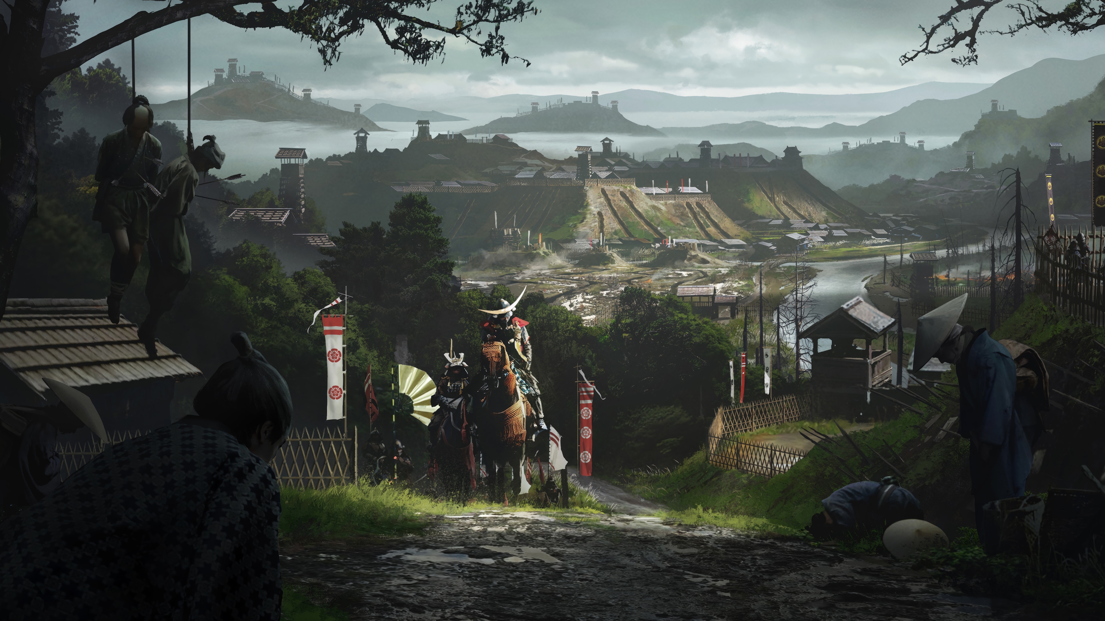 Samurai in a village with hanging bodies HD Wallpaper