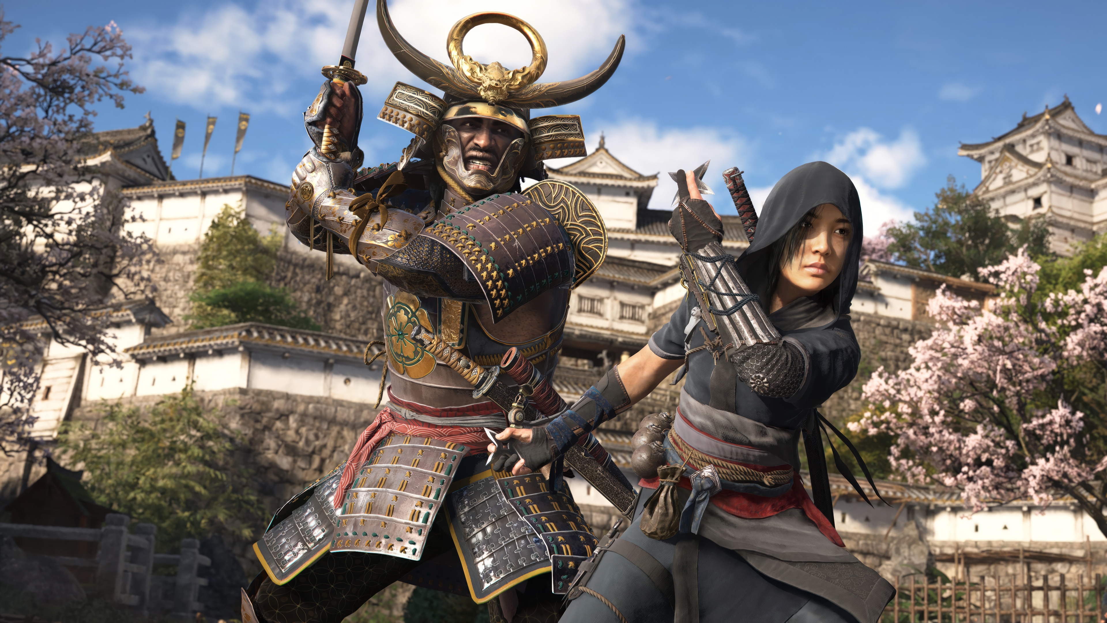 Samurai and Shinobi in front of a Japanese Castle 4K HD Wallpaper