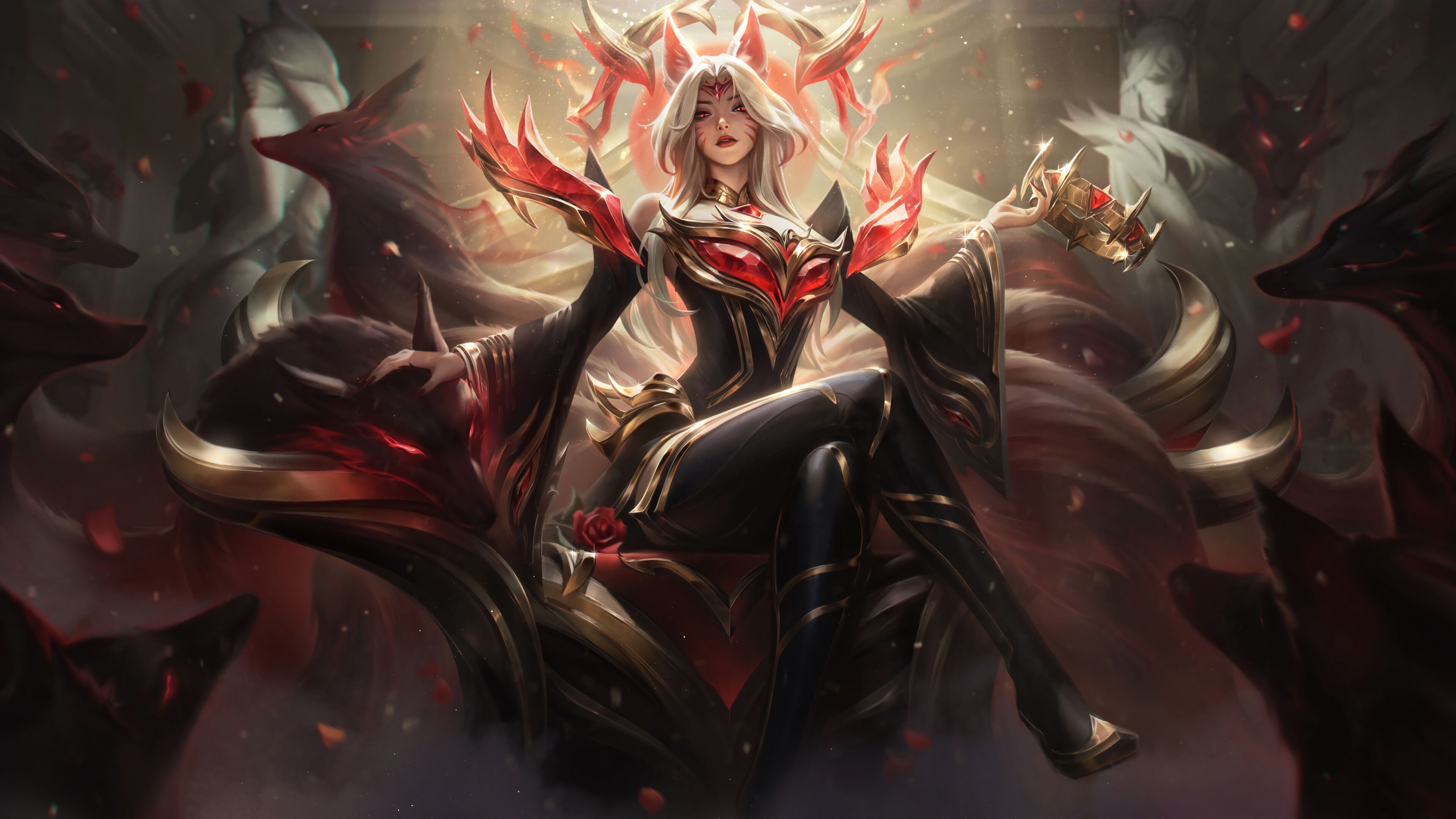 Ahri on a throne with fox spirits in League of Legends 4K HD Wallpaper