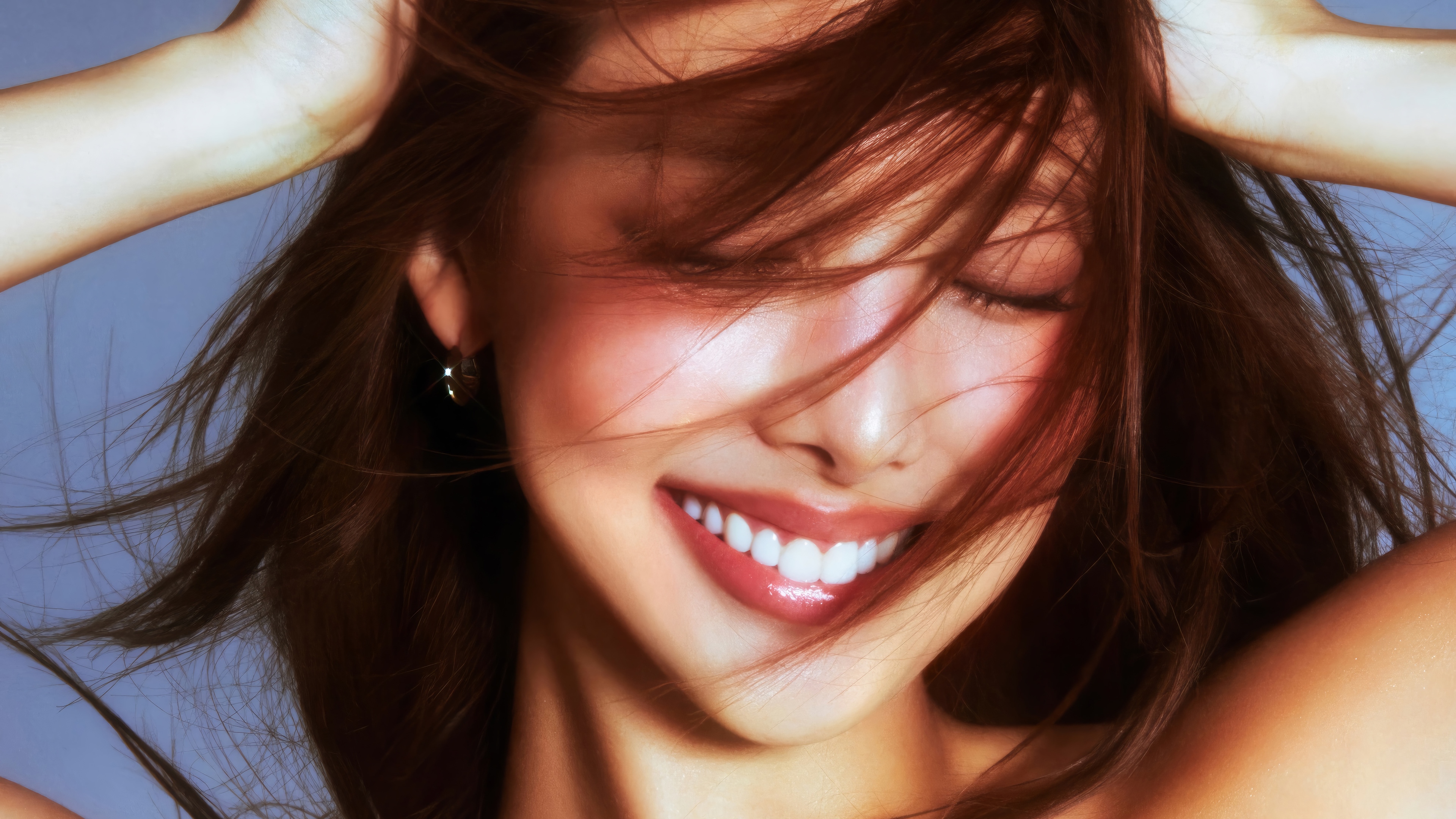 Nayeon from TWICE smiling with hair covering her face HD Wallpaper