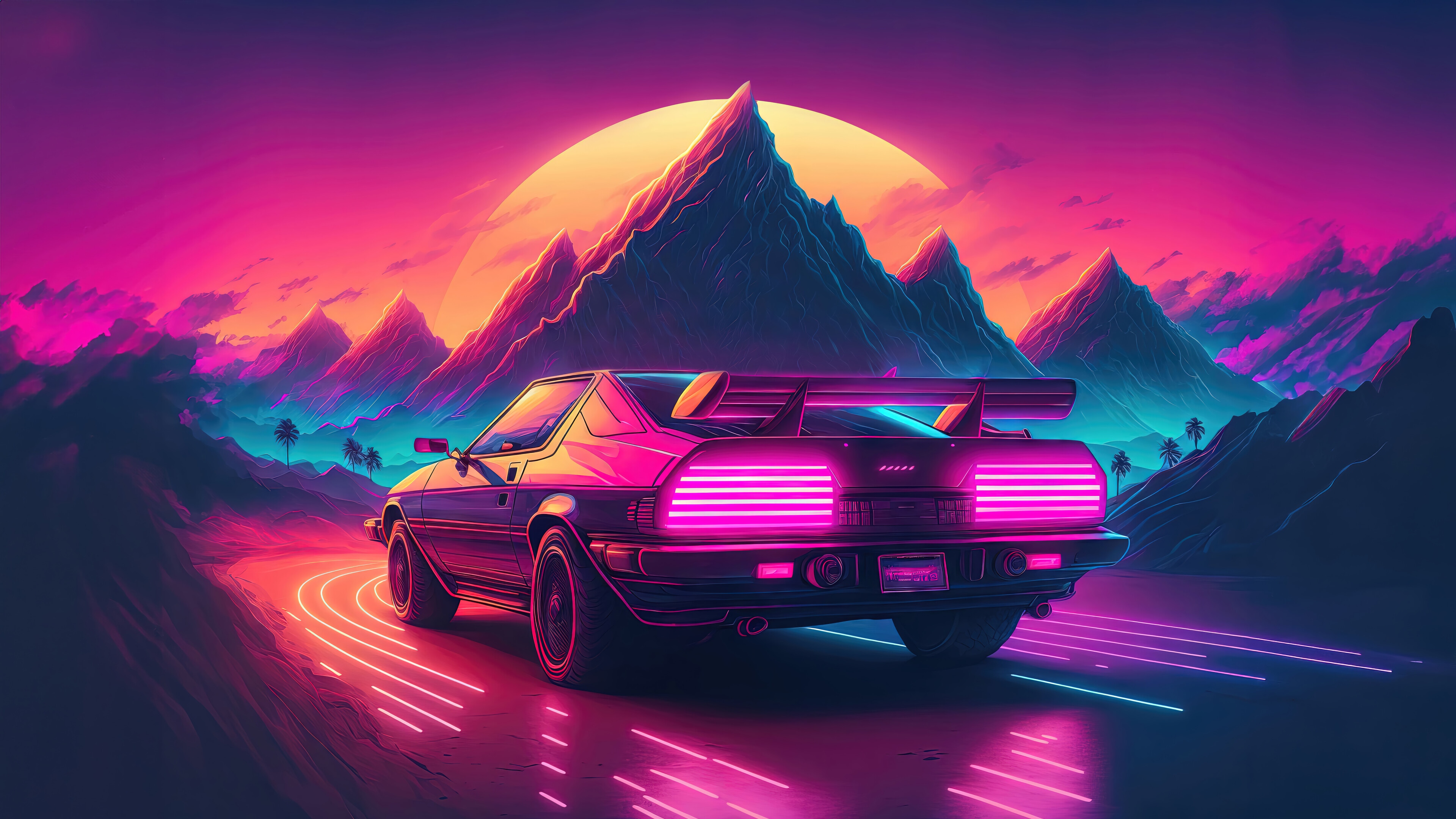 Retro car driving through neon mountains at sunset HD Wallpaper
