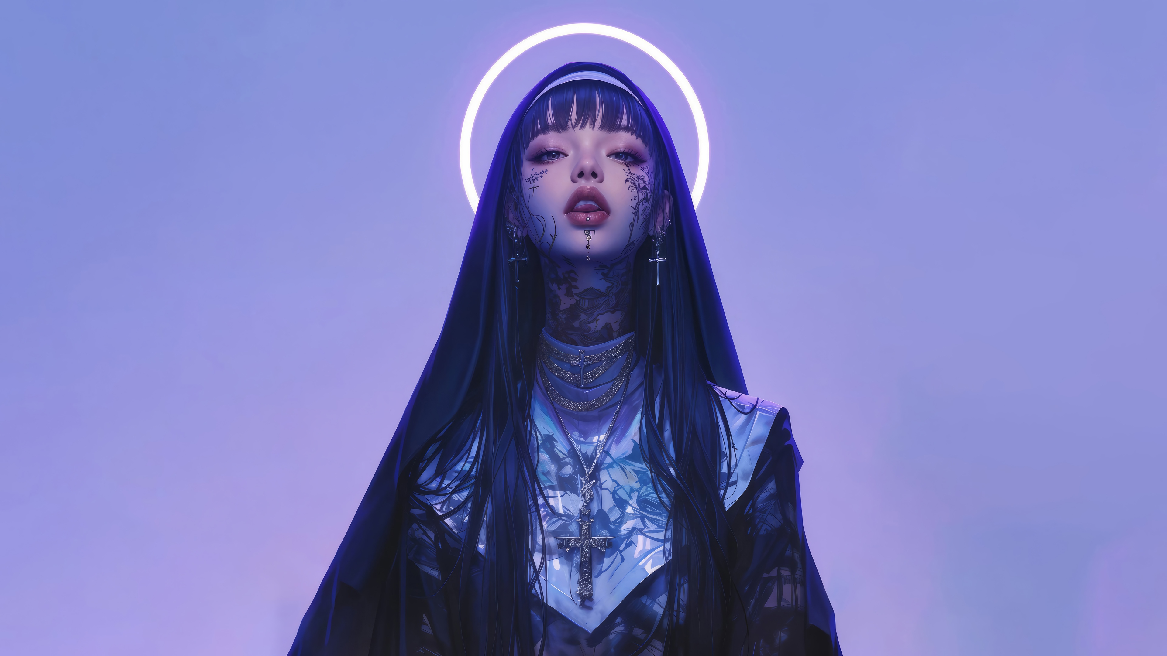 Anime Nun with Tattoos and Halo 4K HD Wallpaper