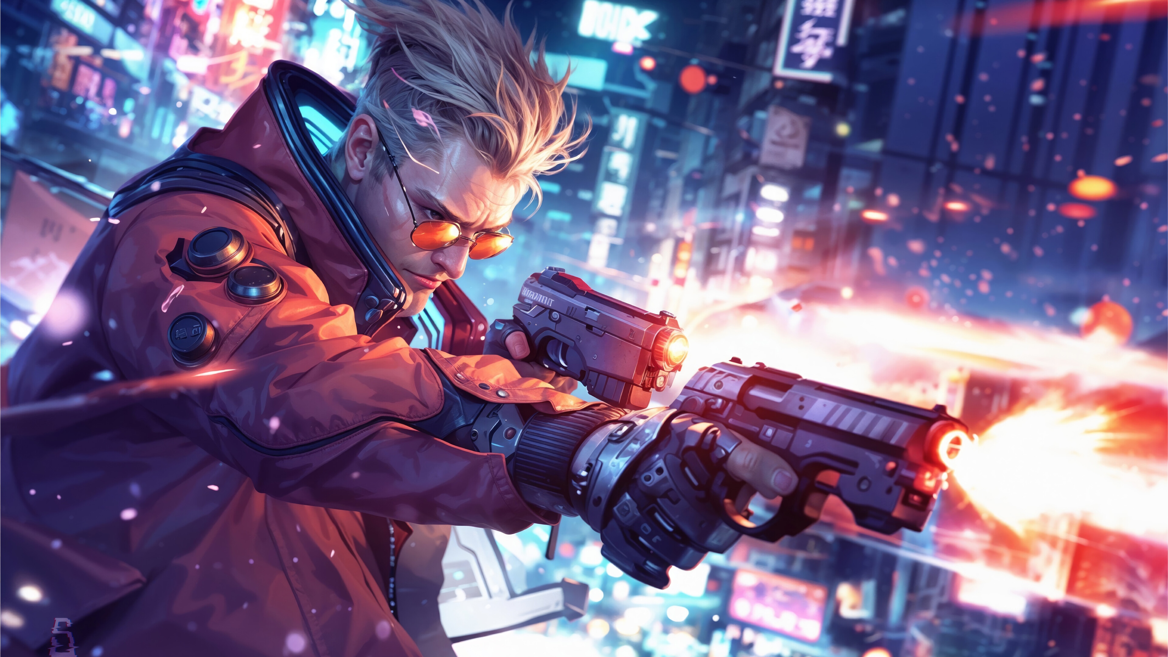 Vash Stampede firing guns in a cyberpunk city 4K HD Wallpaper