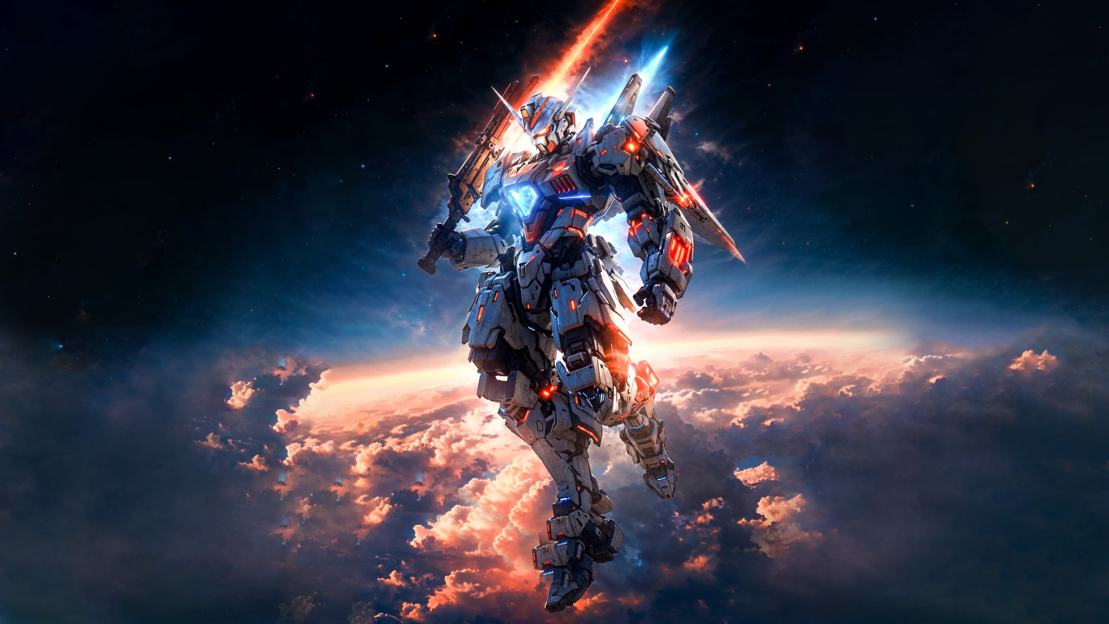 Gundam Robot in Space with Clouds 4K HD Wallpaper