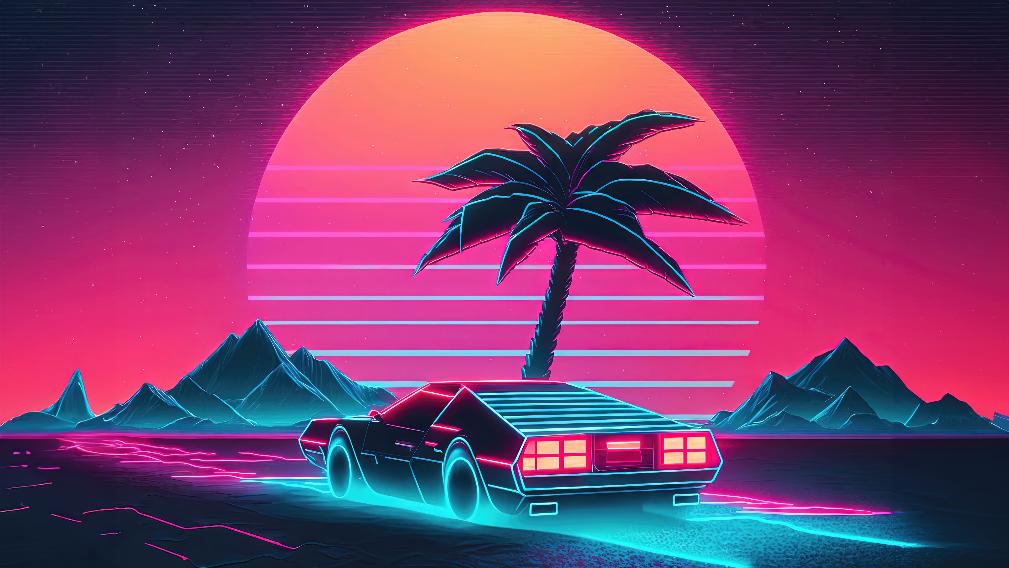 Retrowave Car Driving Past Palm Tree and Mountains 4K HD Wallpaper