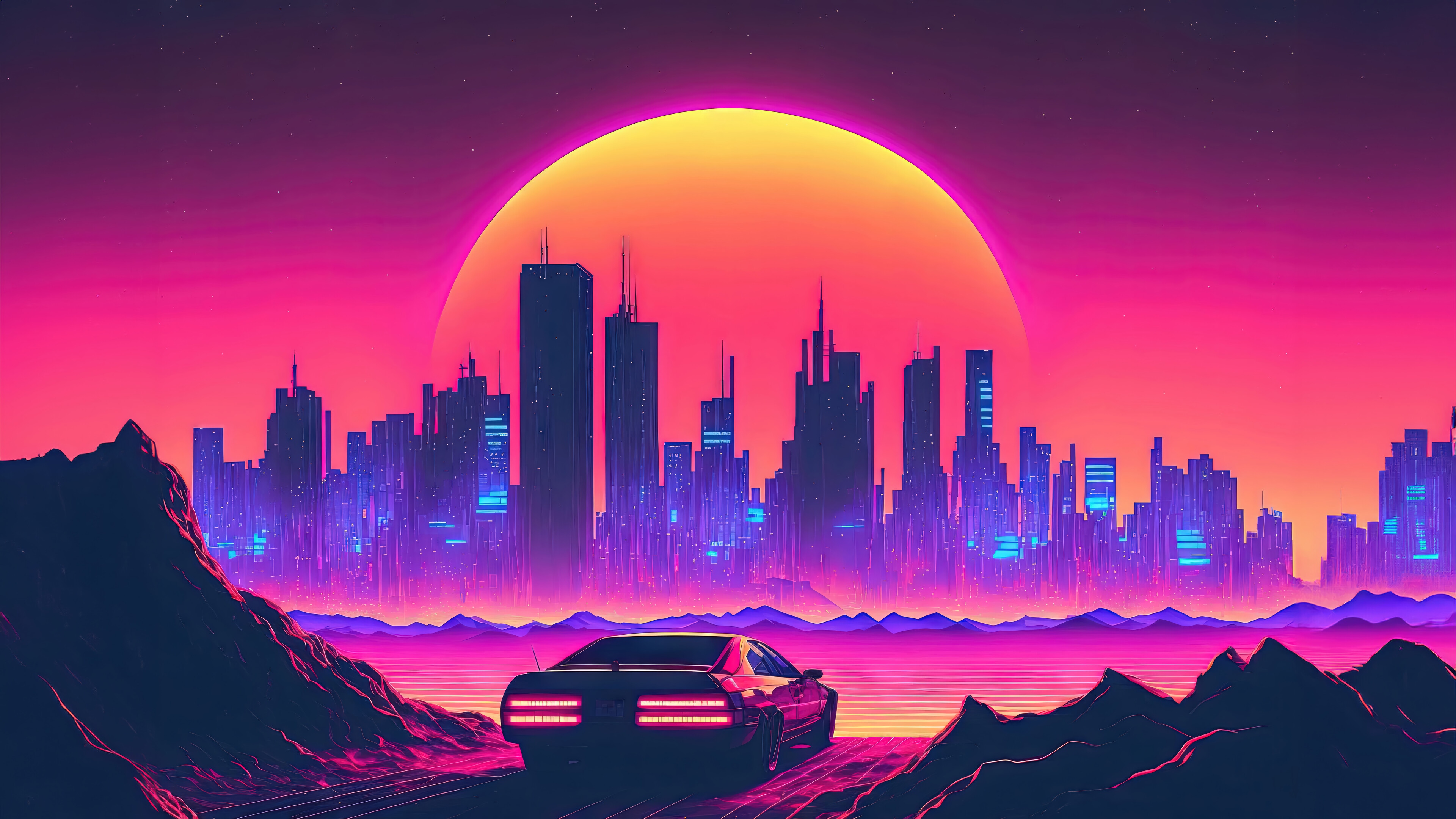 Synthwave Cityscape with Sunset and Car 4K HD Wallpaper