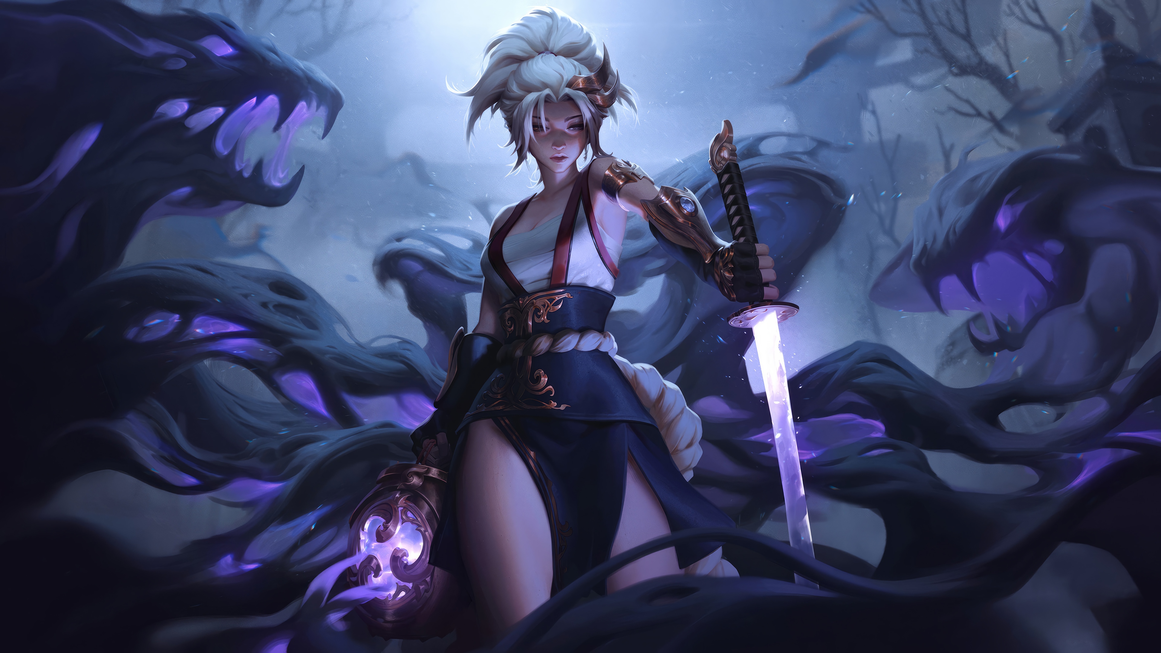 Fantasy girl warrior with katana and shadow monsters 4K HD Wallpaper