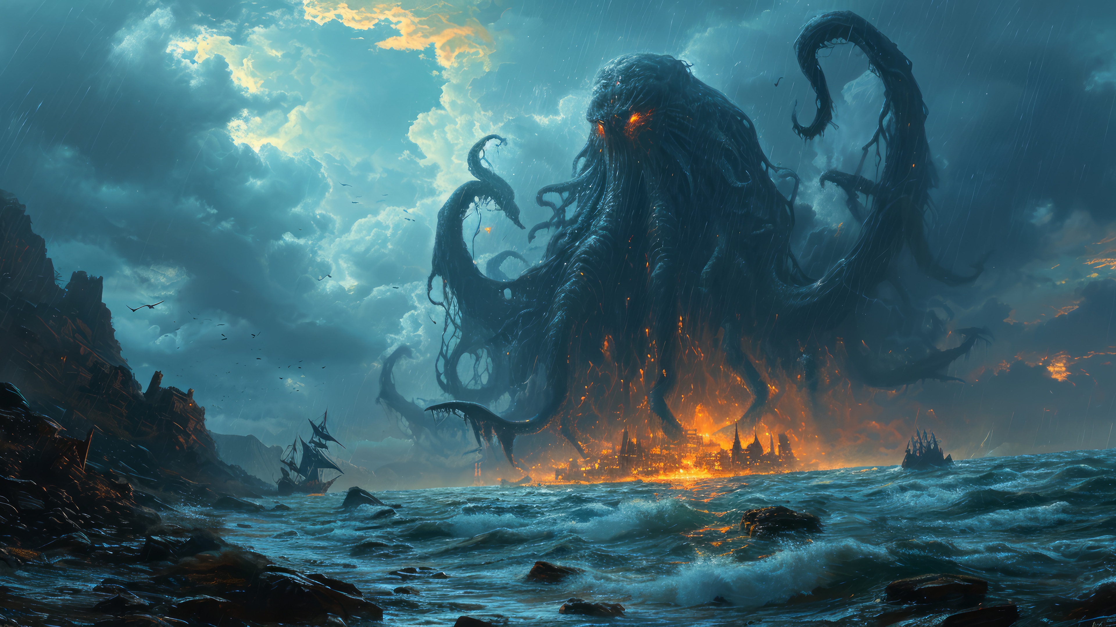 Cthulhu Monster Attacks a City 4K HD Wallpaper